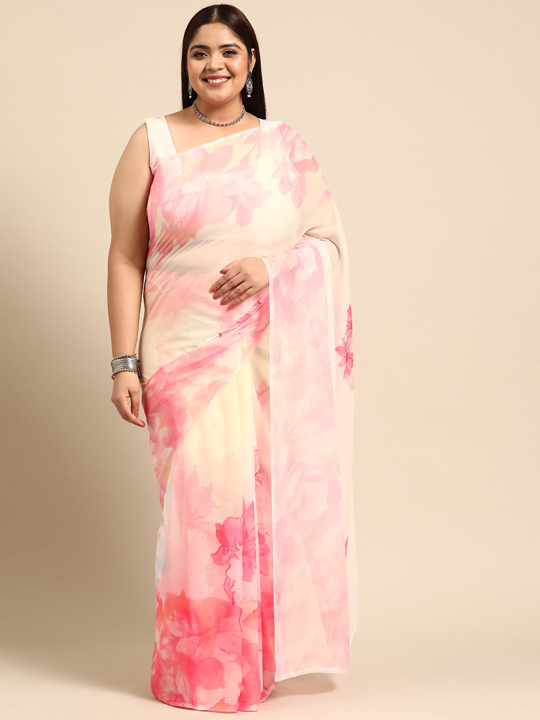 Pink and Beige Plus Size Floral Poly Chiffon Saree