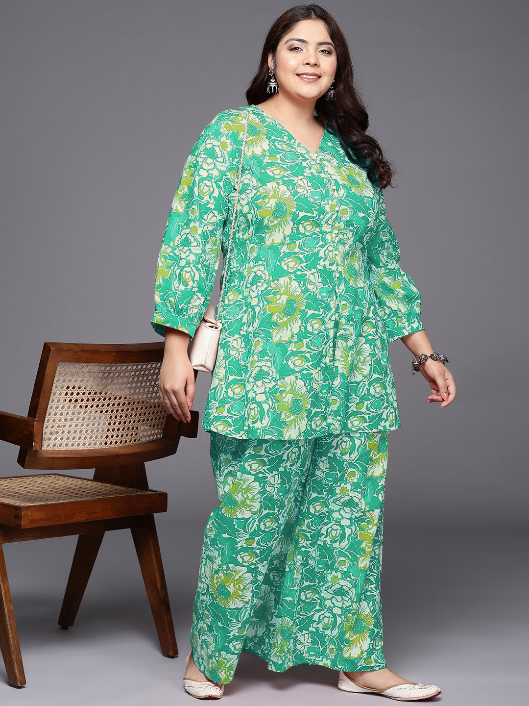 Plus Size Printed Pure Cotton Tunic & Palazzo