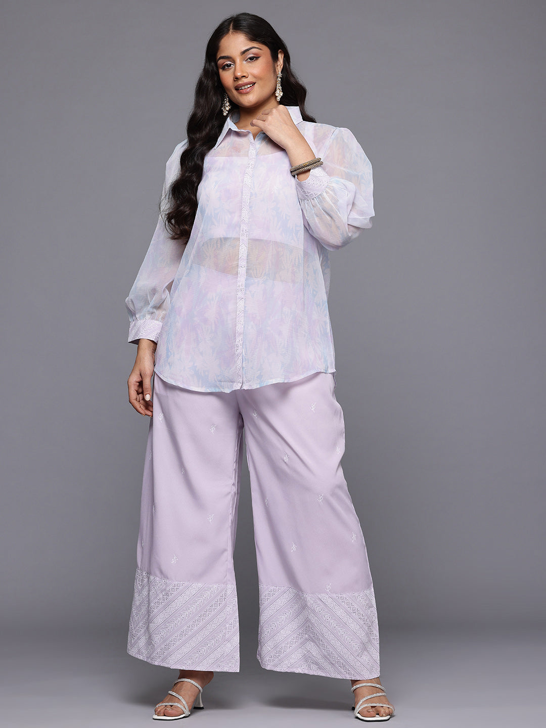 Plus Size Floral Printed Top with Sheer Shirt & Trousers Co-Ord Set