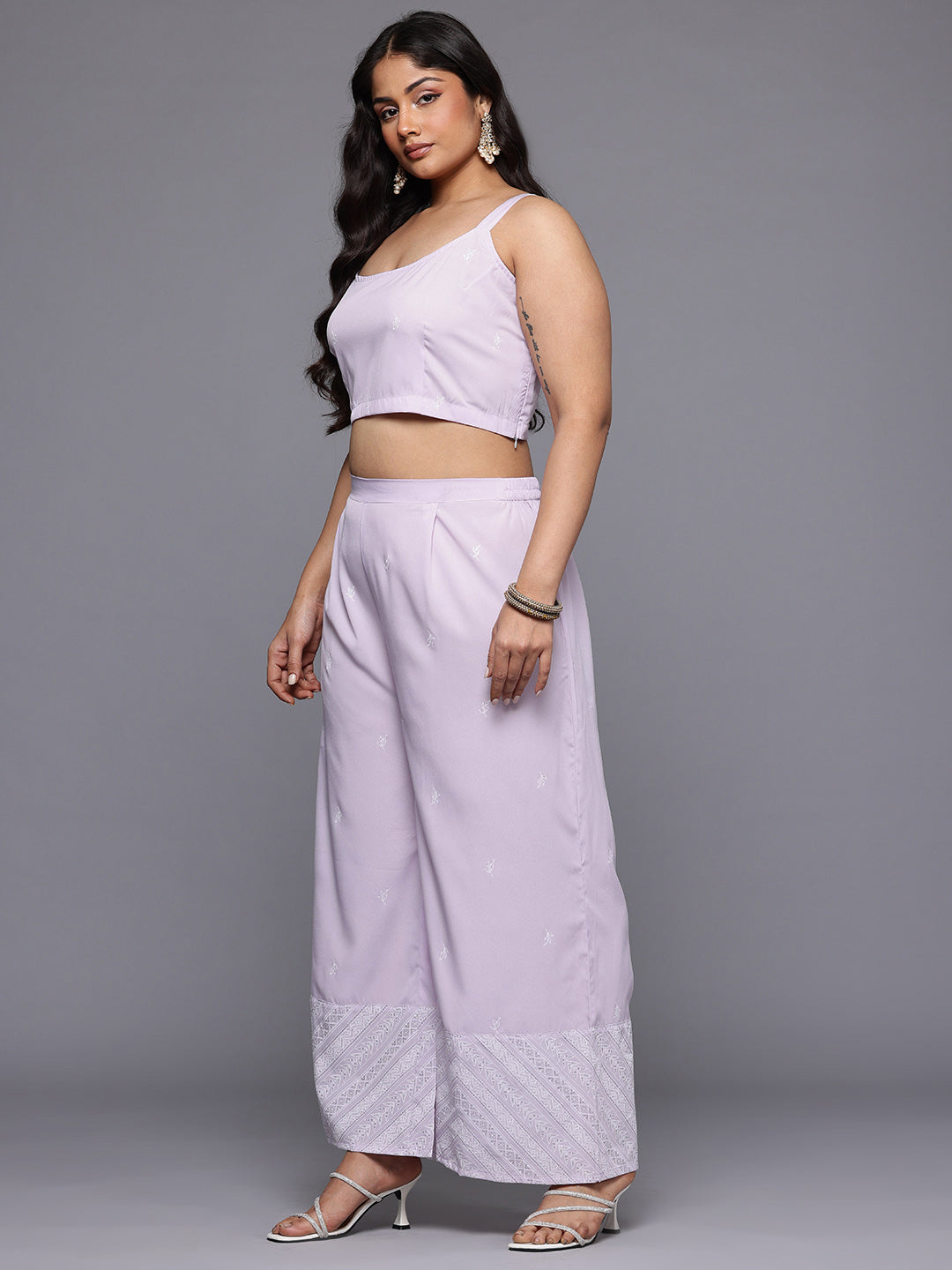 Plus Size Floral Printed Top with Sheer Shirt & Trousers Co-Ord Set