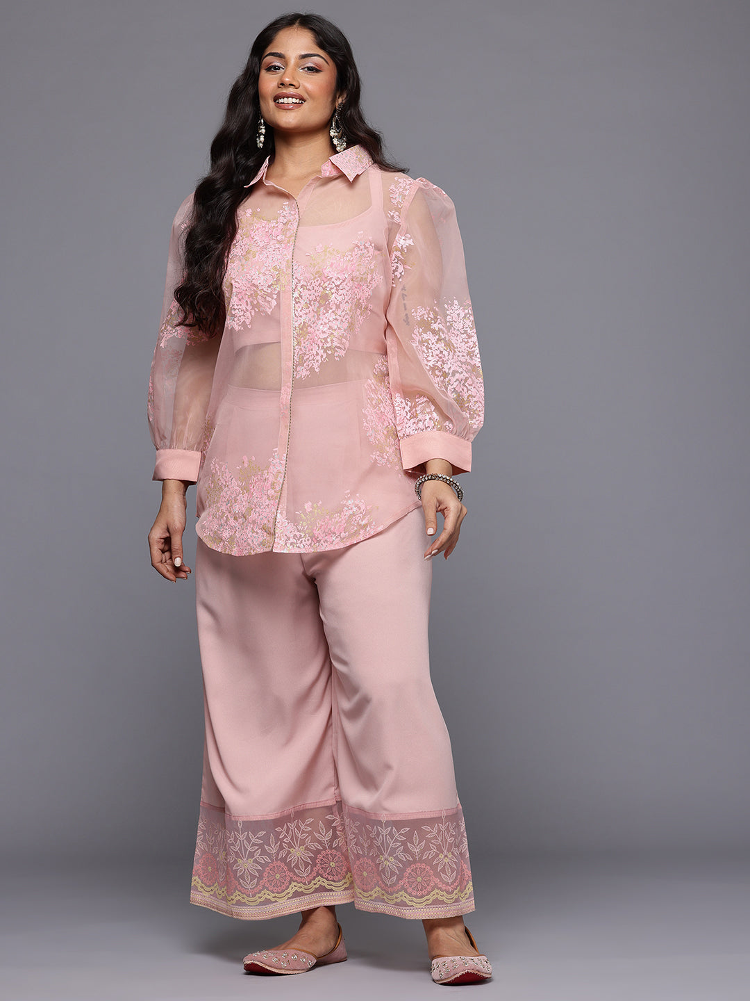 Plus Size Solid Top with Floral Printed Sheer Shirt & Trousers Co-Ords