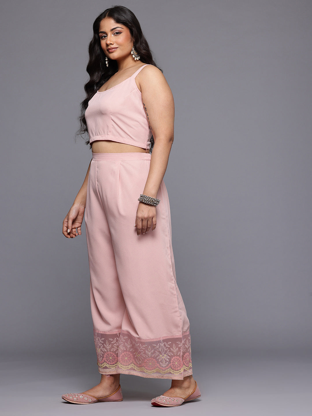 Plus Size Solid Top with Floral Printed Sheer Shirt & Trousers Co-Ords