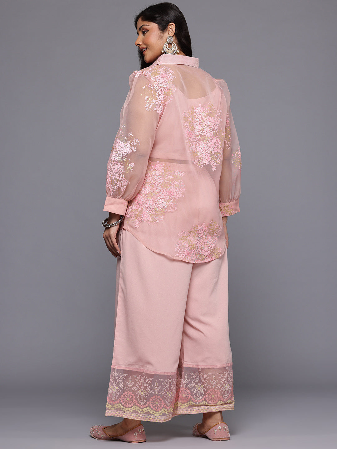 Plus Size Solid Top with Floral Printed Sheer Shirt & Trousers Co-Ords
