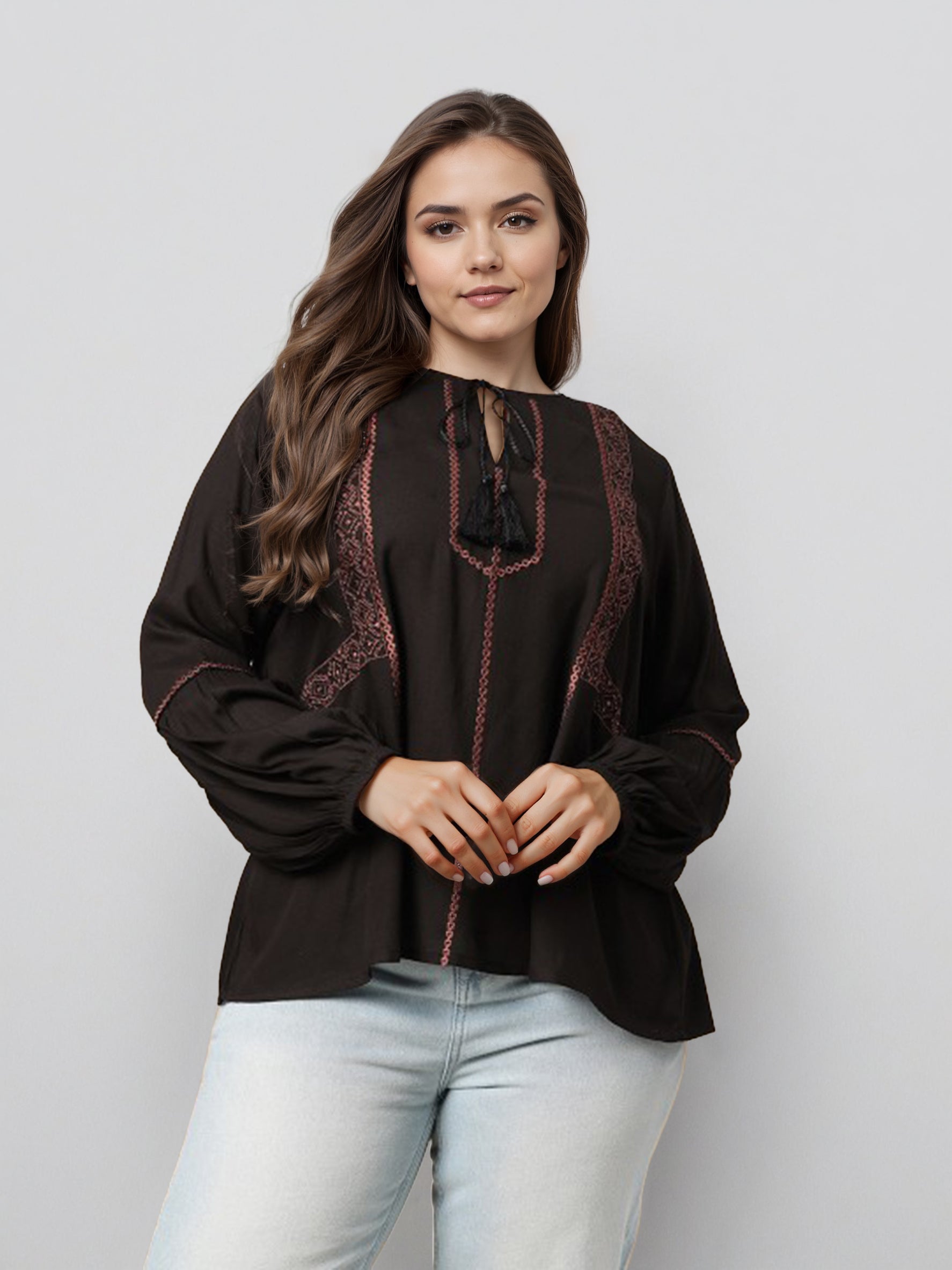 Embroidered Keyhole Neck Top
