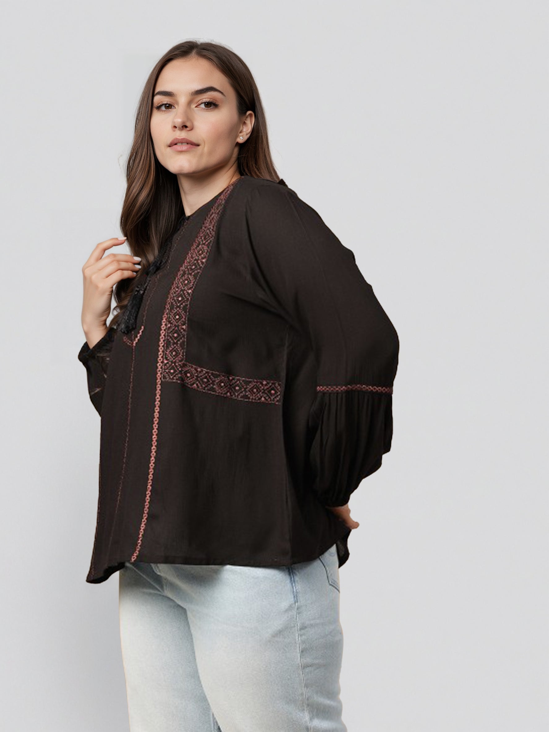 Embroidered Keyhole Neck Top