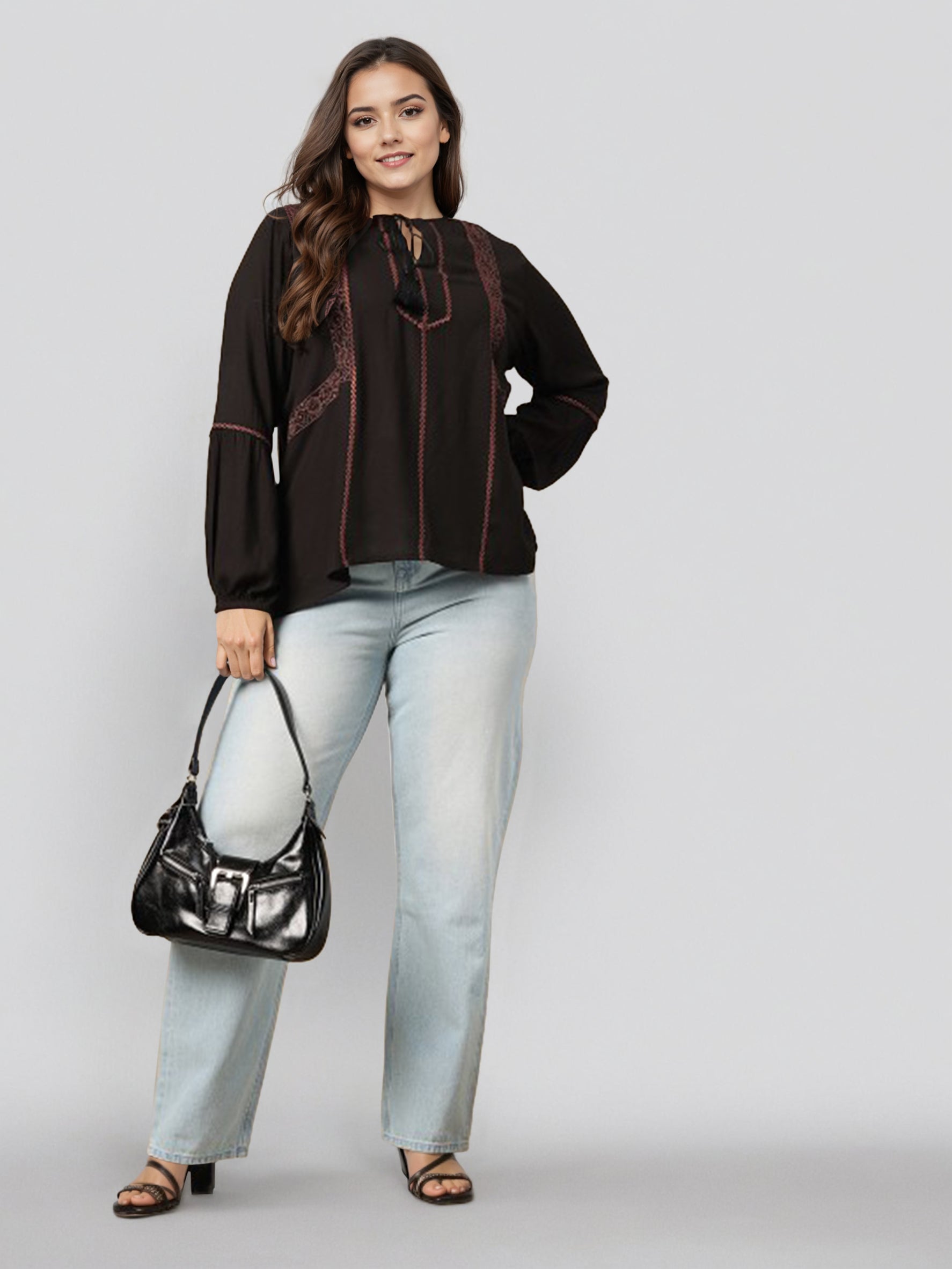 Embroidered Keyhole Neck Top