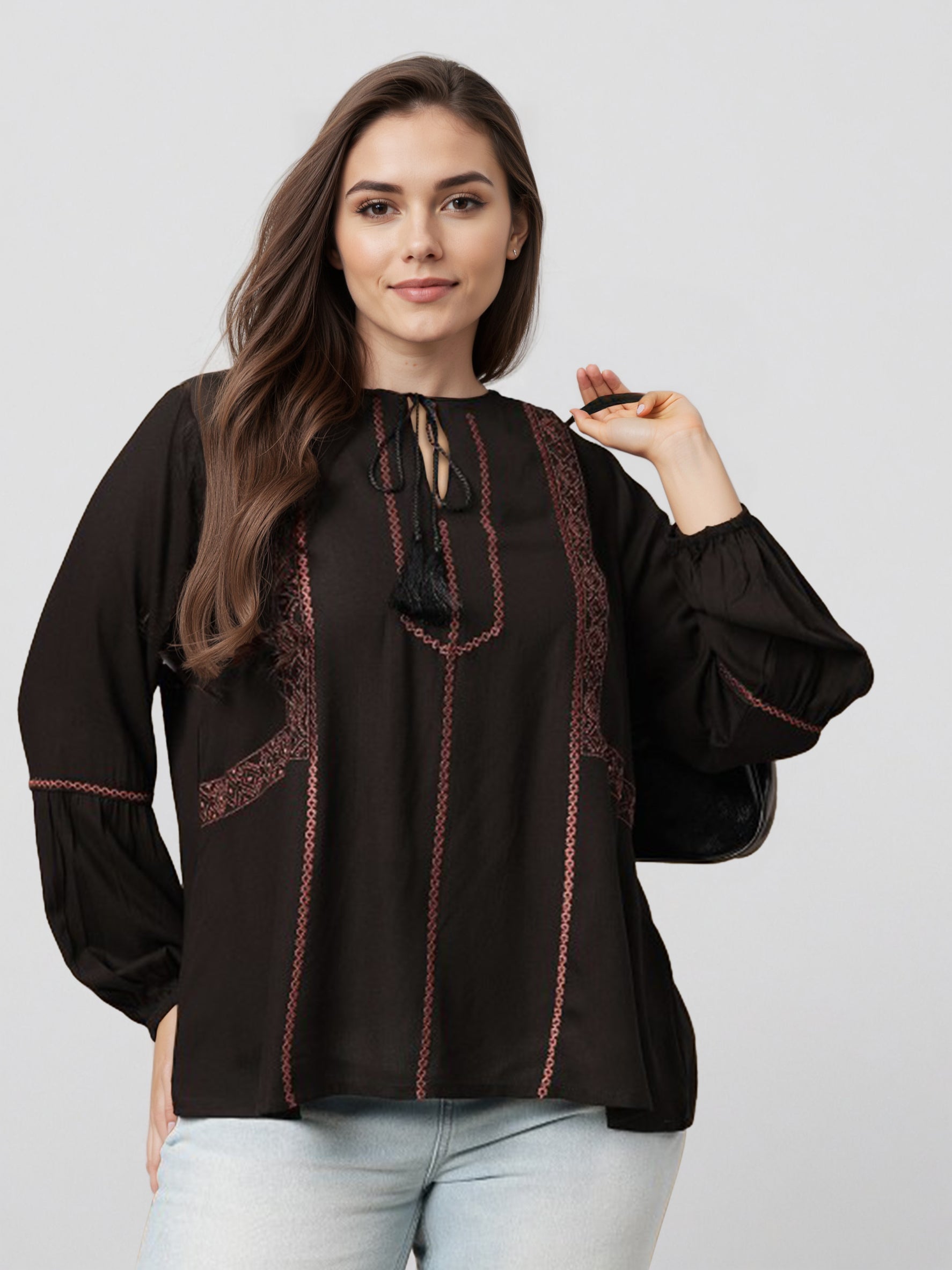 Embroidered Keyhole Neck Top