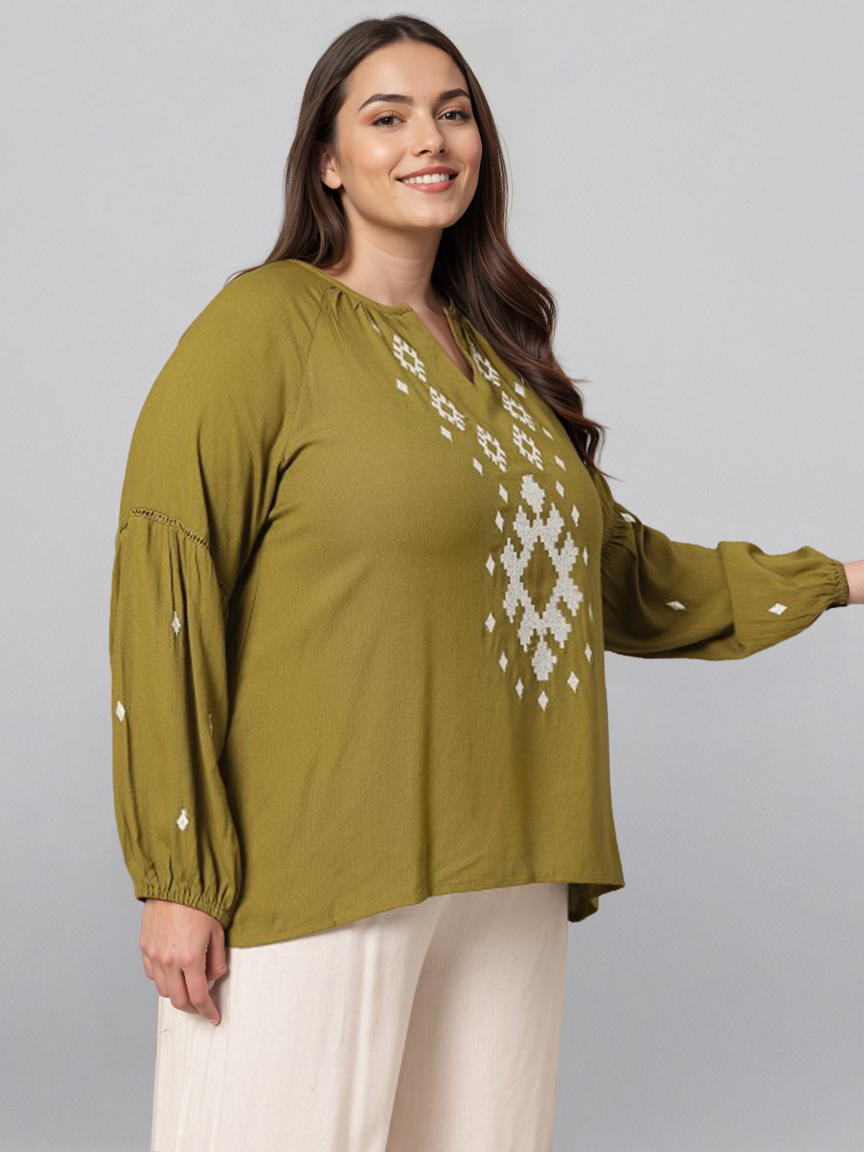 Plus Size Embroidered Puff Sleeves Mandairan Collar Top