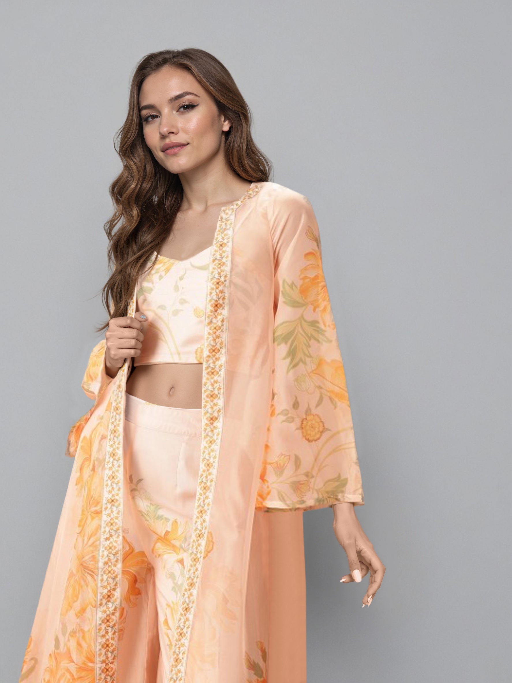 Printed Shoulder Strap Neck Top With Palazzo & Shrug