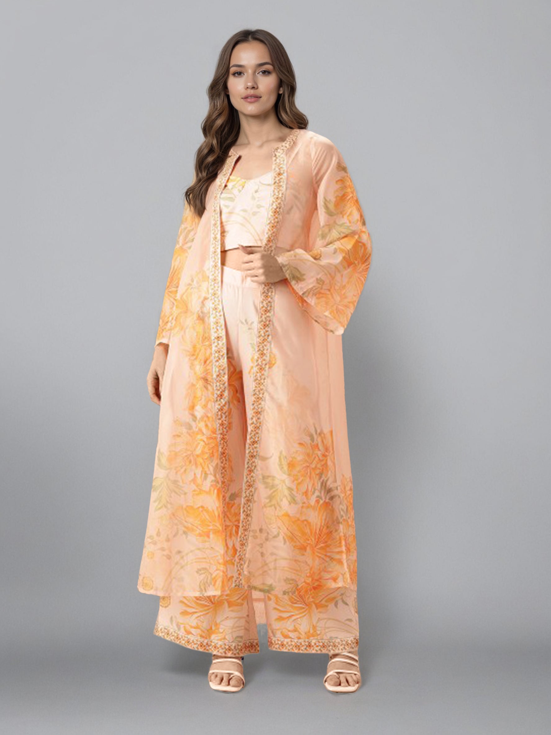 Printed Shoulder Strap Neck Top With Palazzo & Shrug