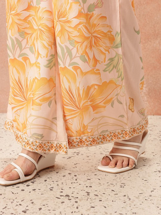 Printed Shoulder Strap Neck Top With Palazzo & Shrug