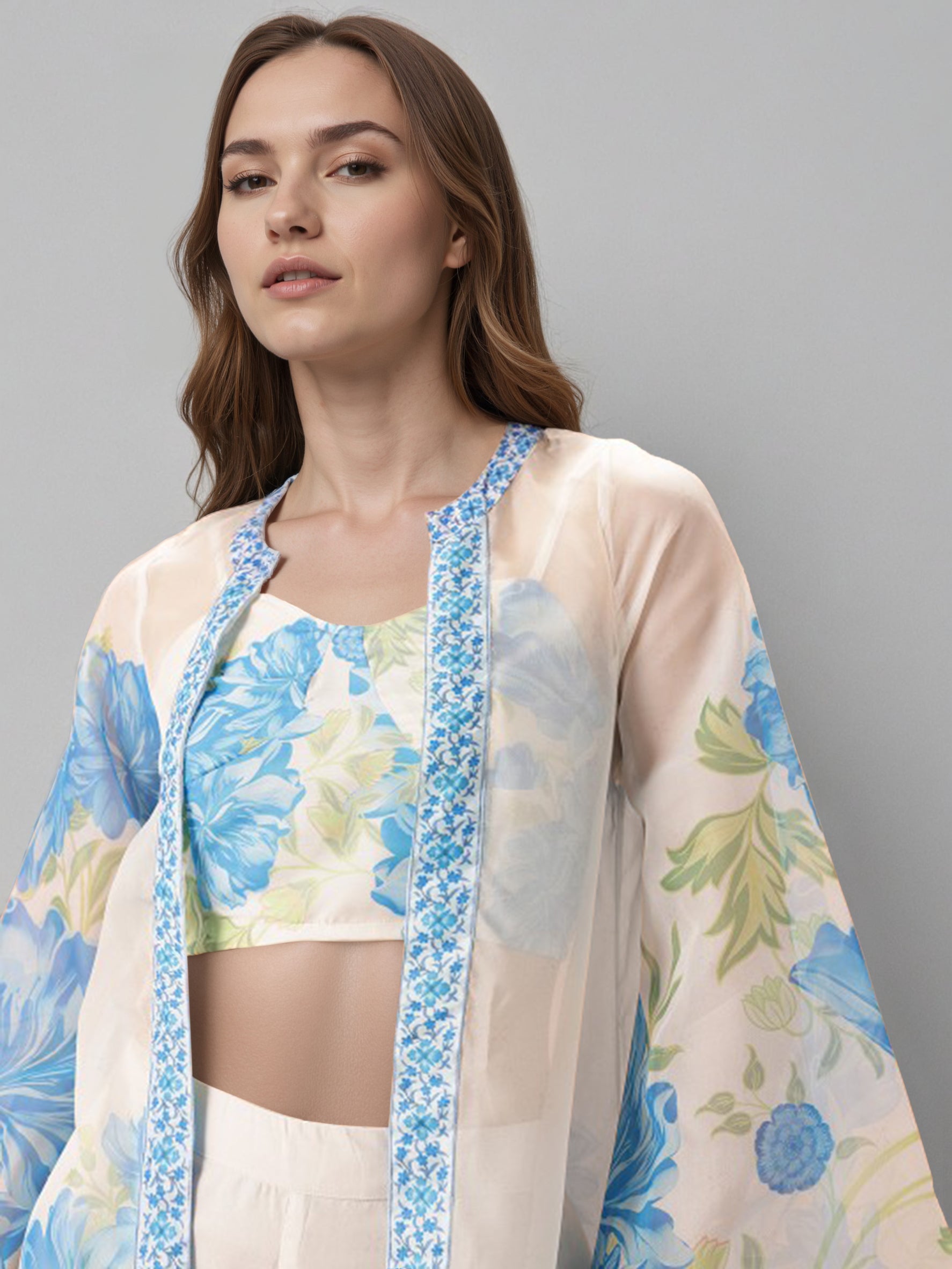 Printed Shoulder Strap Neck Top With Palazzo & Shrug