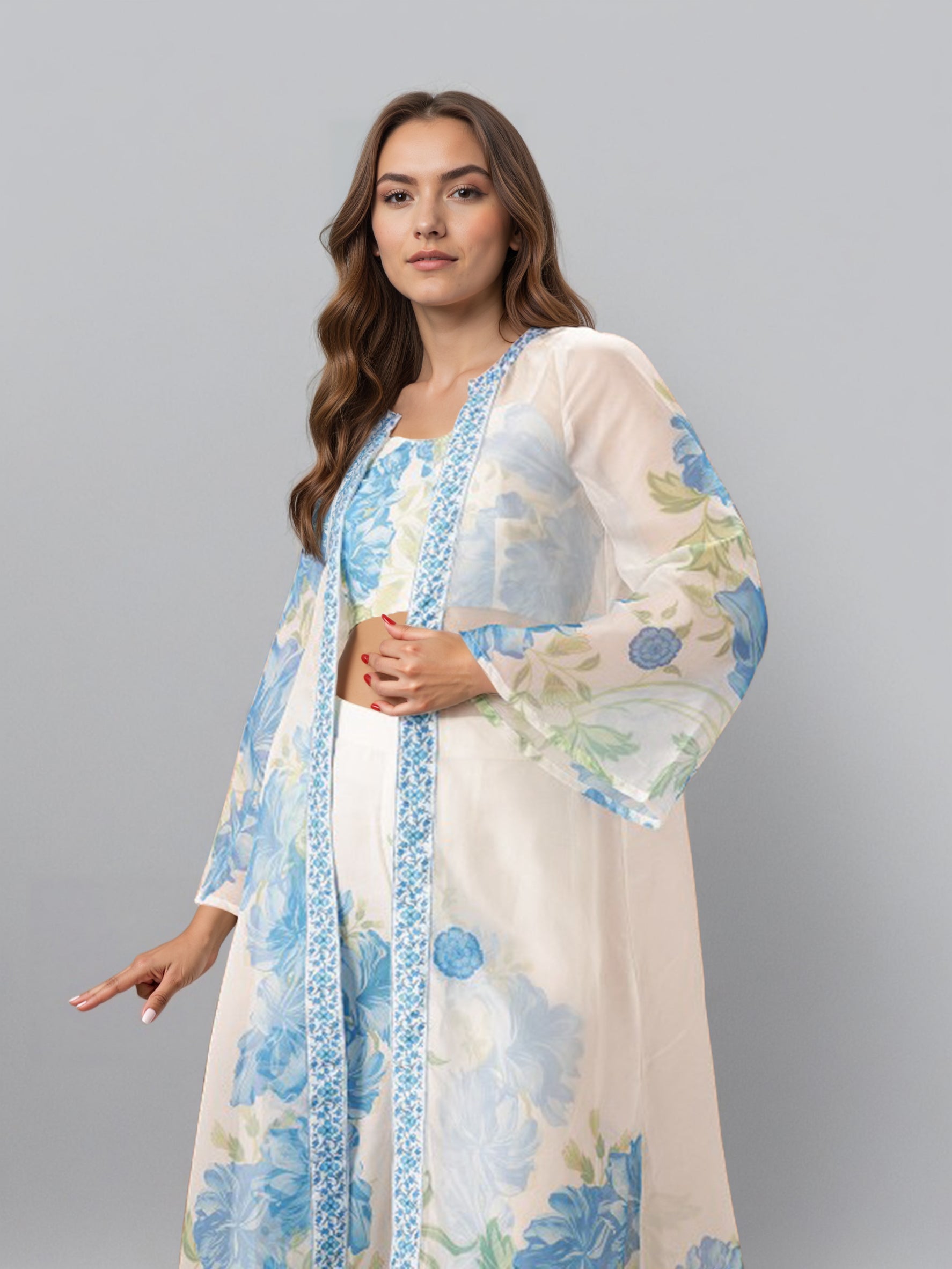 Printed Shoulder Strap Neck Top With Palazzo & Shrug