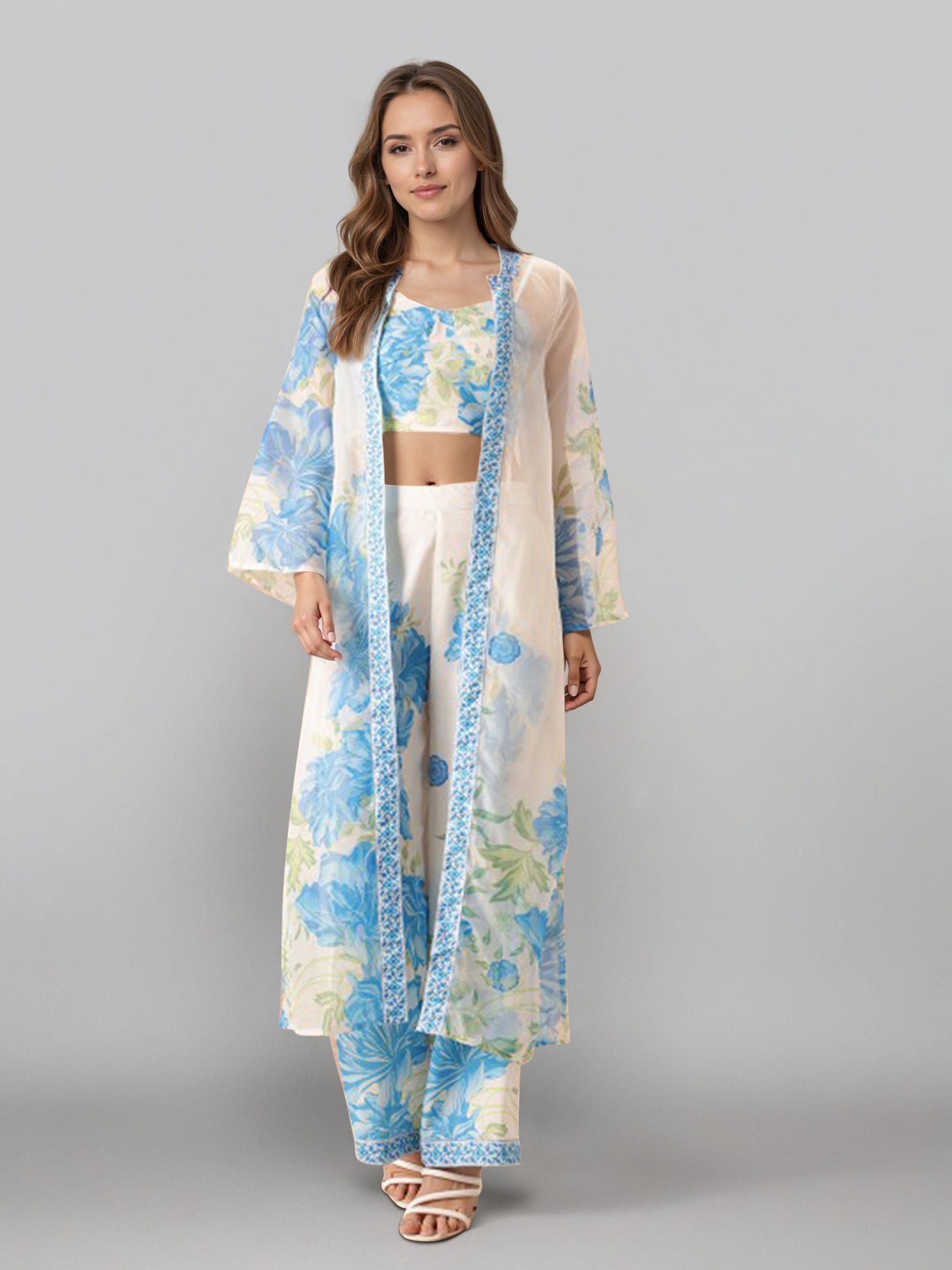 Printed Shoulder Strap Neck Top With Palazzo & Shrug