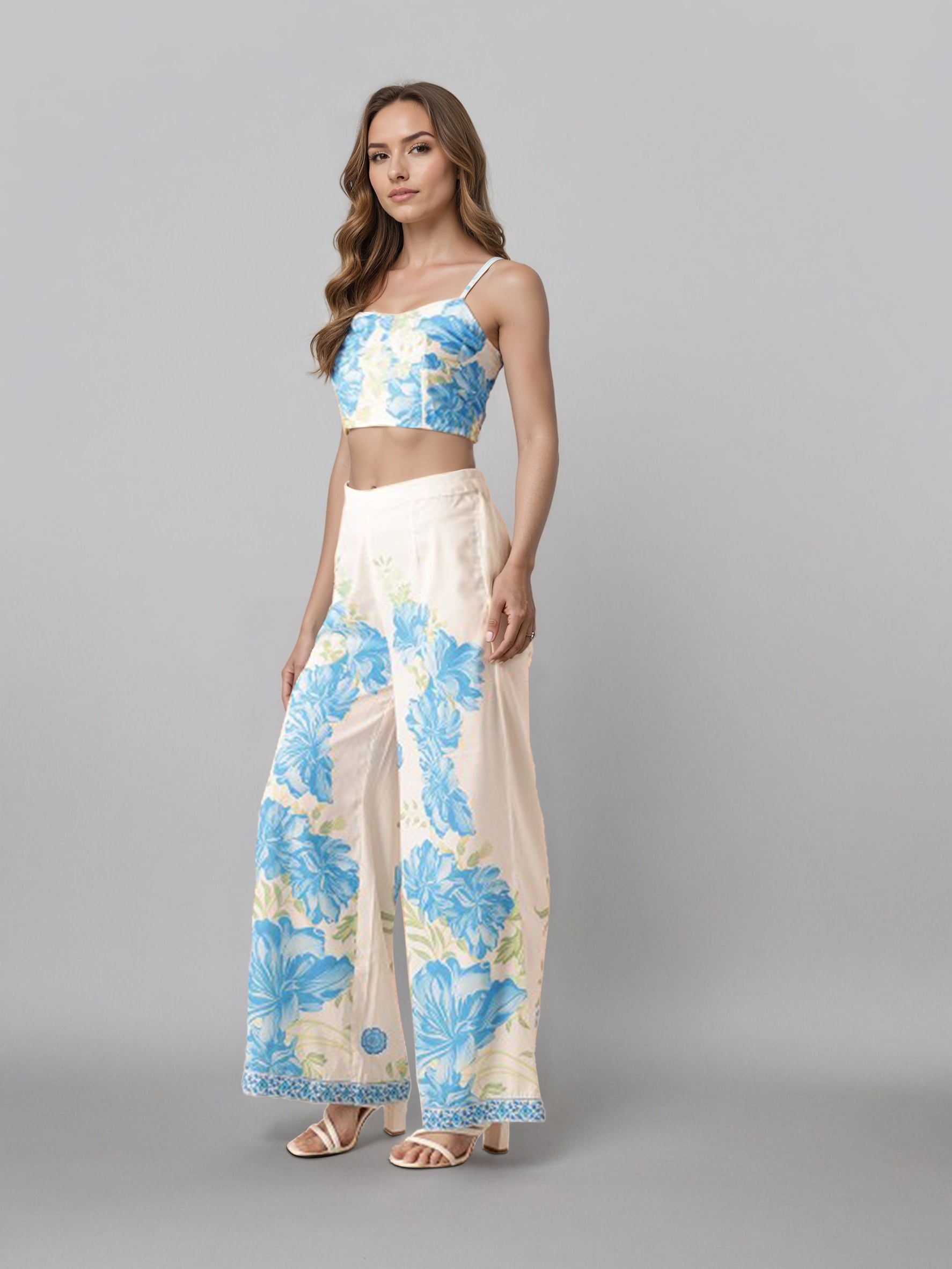 Printed Shoulder Strap Neck Top With Palazzo & Shrug