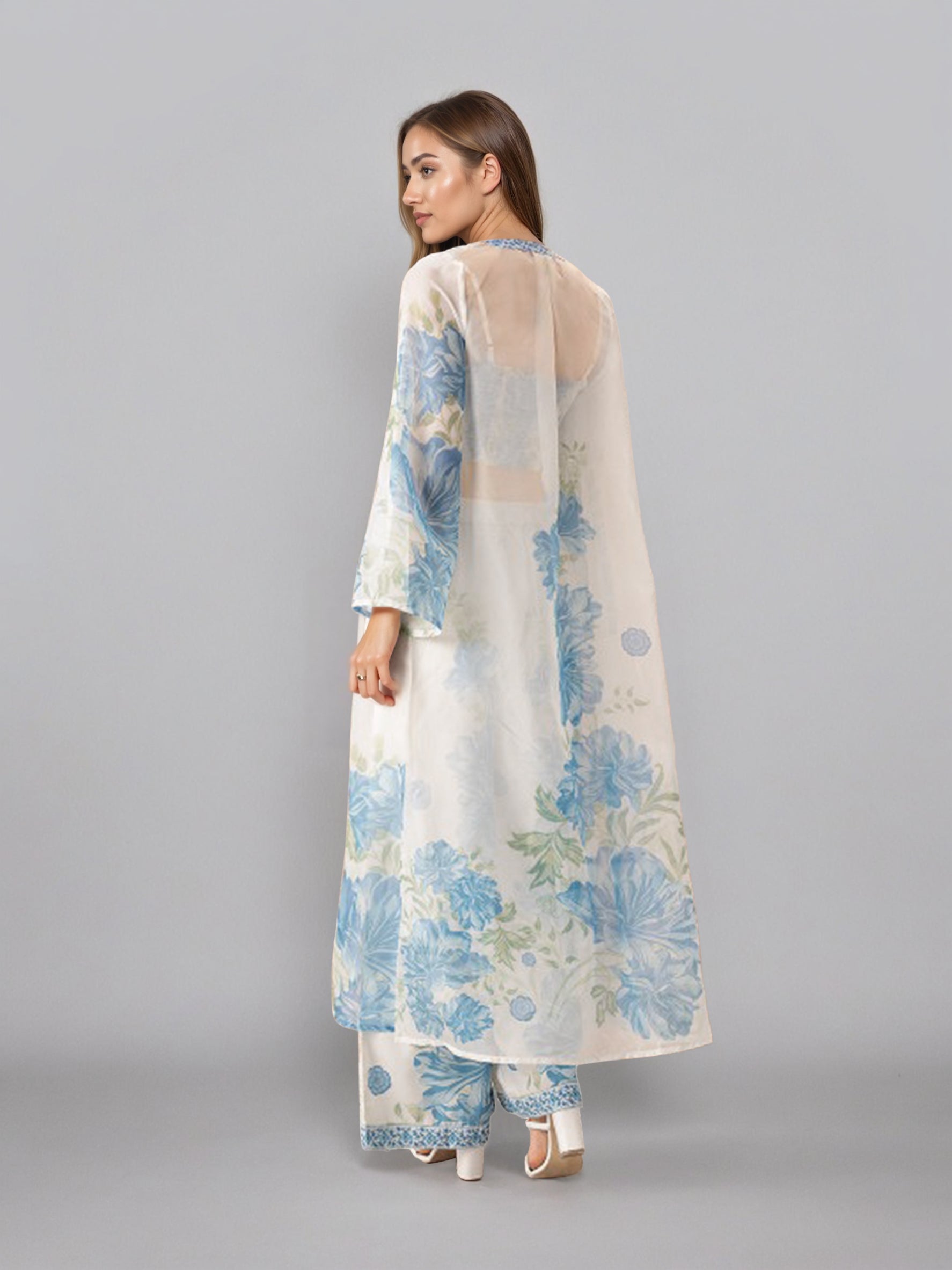 Printed Shoulder Strap Neck Top With Palazzo & Shrug