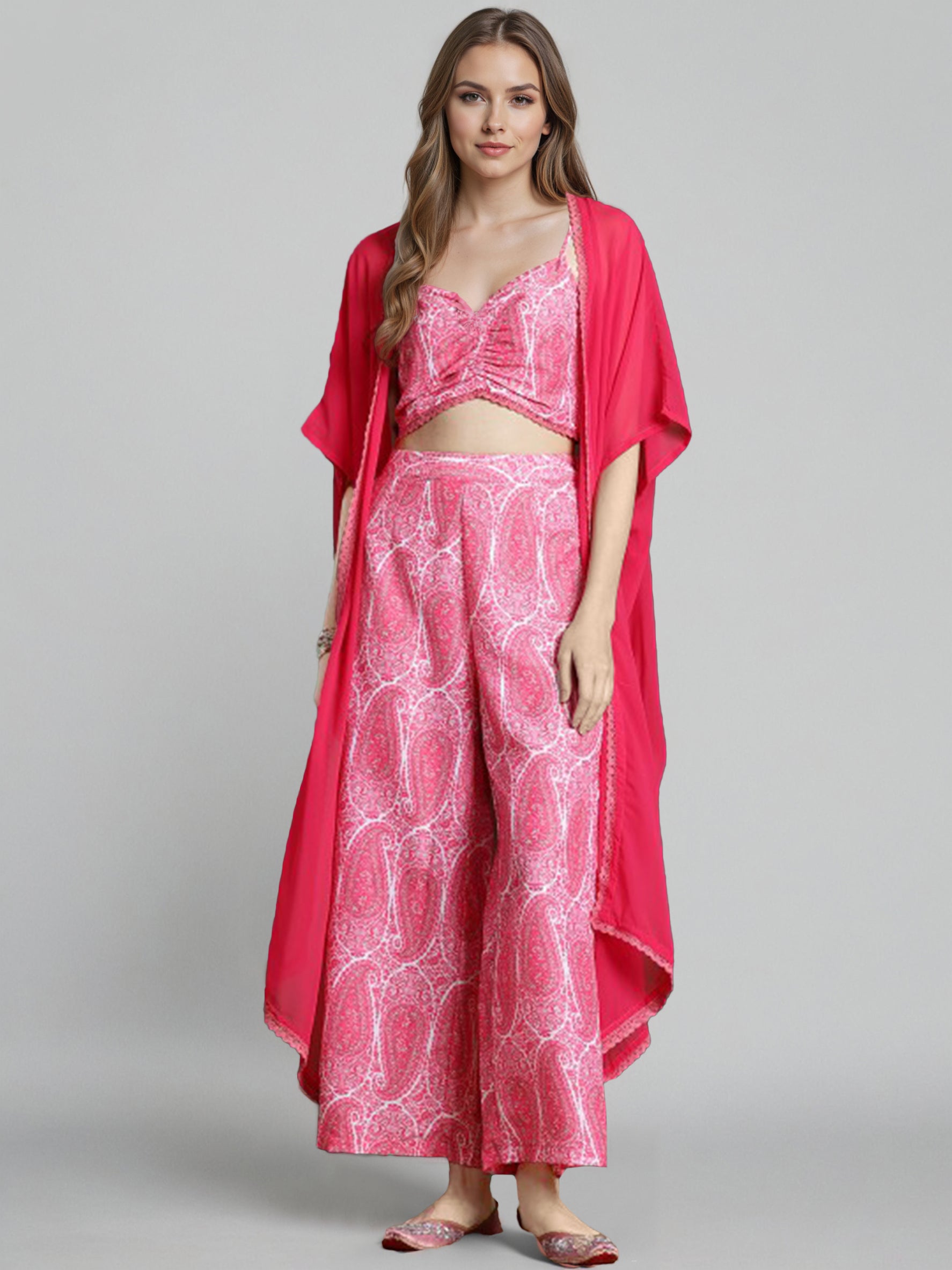 Printed Shoulder Strap Neck Top With Palazzo & Shrug