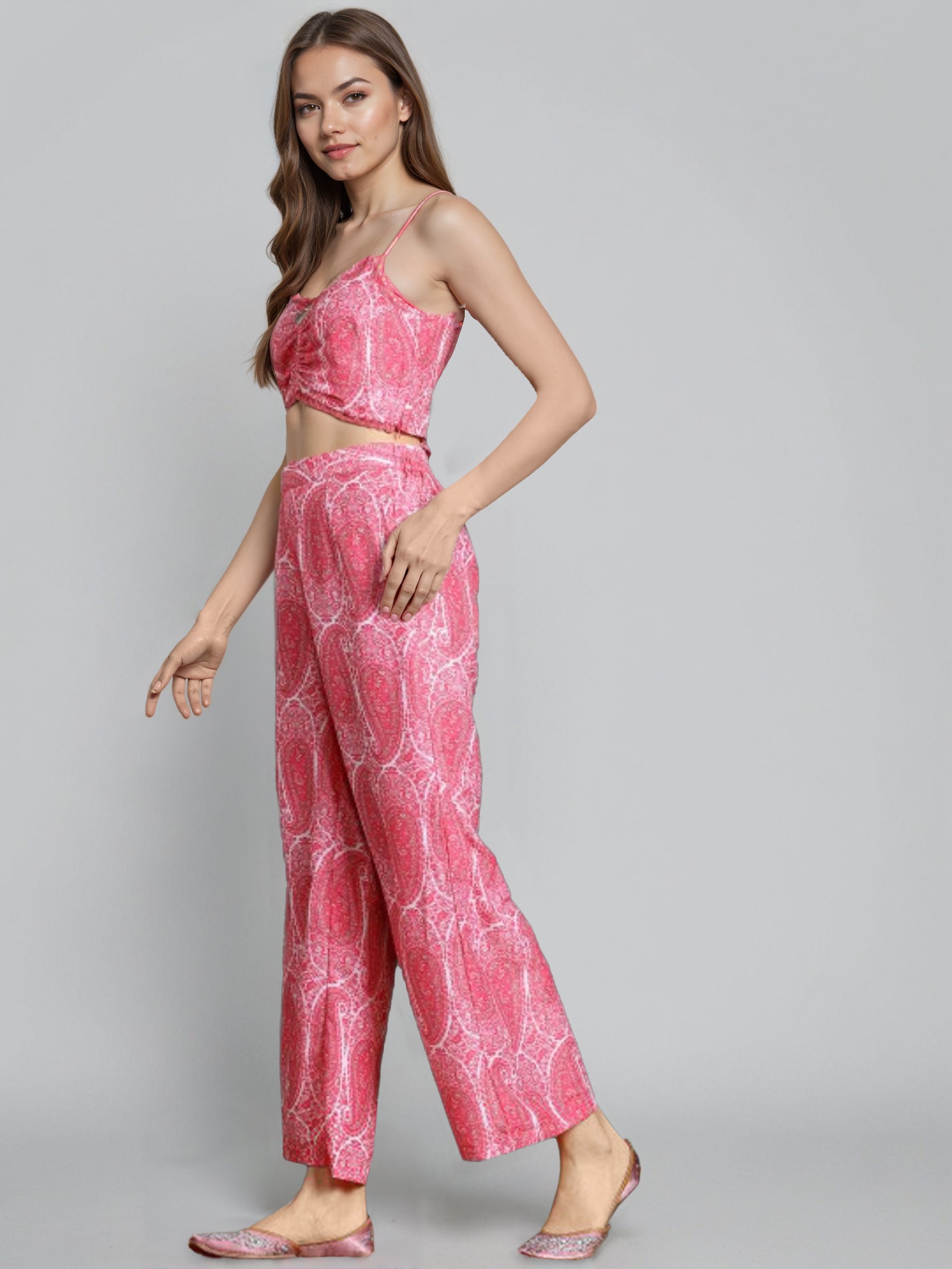 Printed Shoulder Strap Neck Top With Palazzo & Shrug