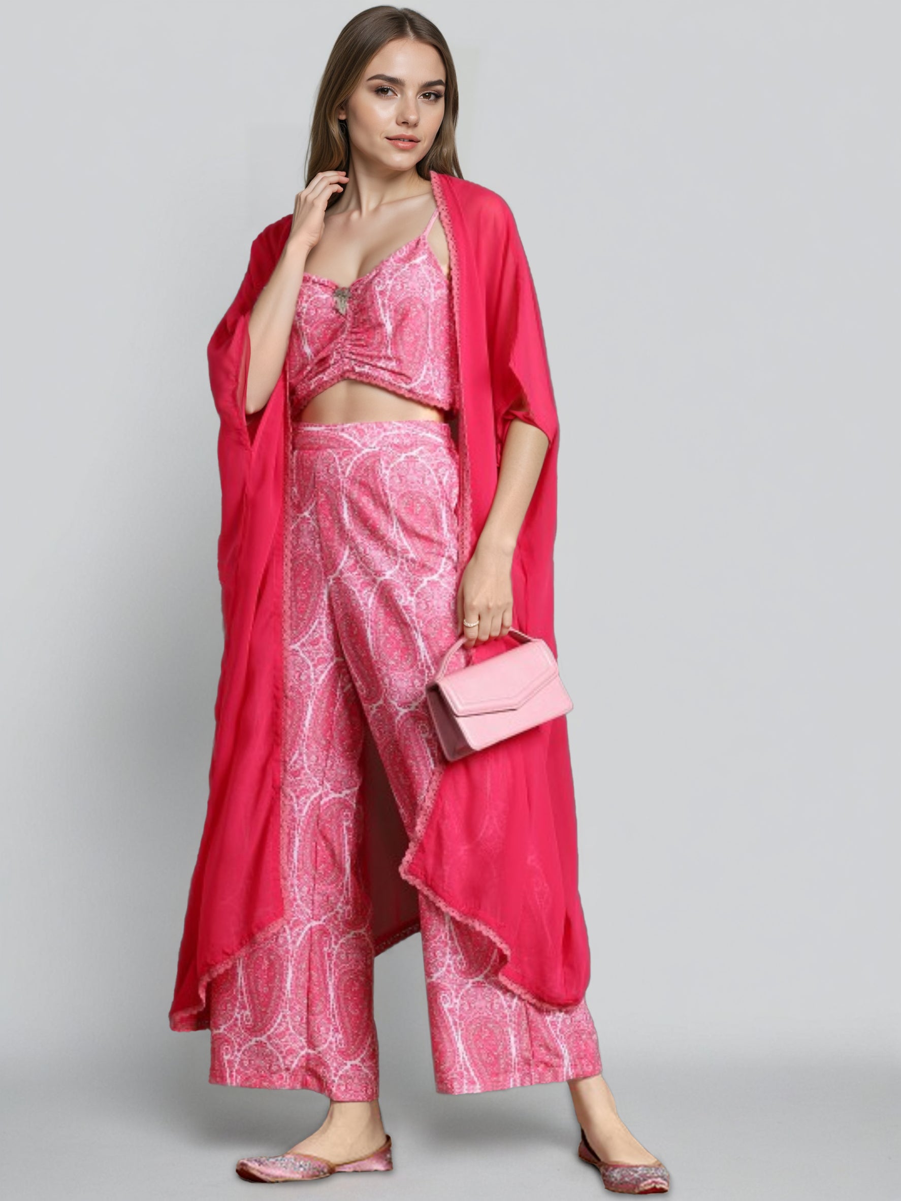 Printed Shoulder Strap Neck Top With Palazzo & Shrug
