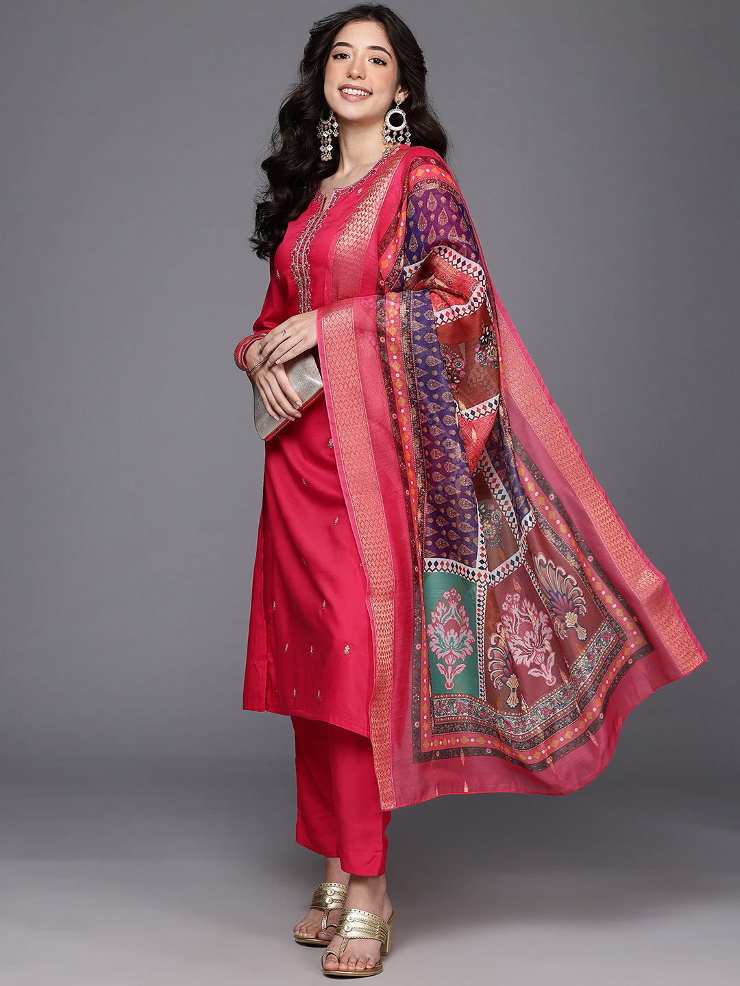 Ethnic Motifs Embroidered Mirror Work Kurta With Trousers & Dupatta