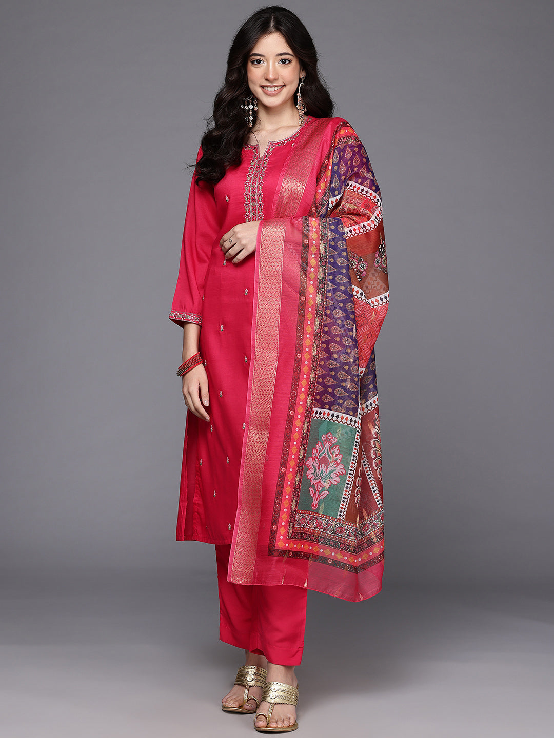 Ethnic Motifs Embroidered Mirror Work Kurta With Trousers & Dupatta