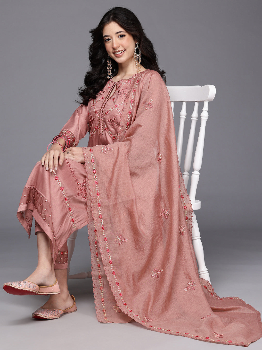 Ethnic Motifs Embroidered Thread Work Kurta With Trousers & Dupatta
