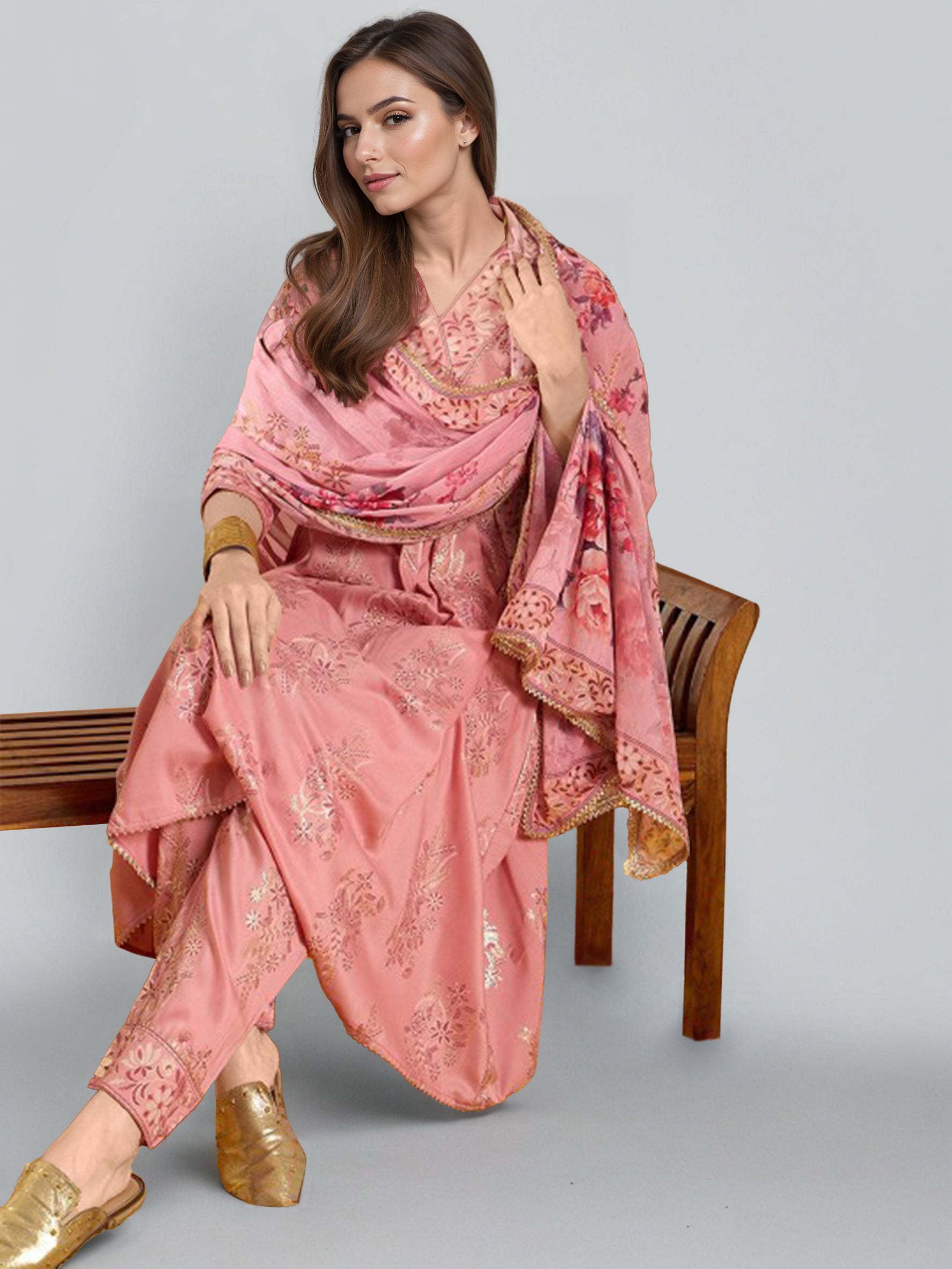 Women Ethnic Motifs Printed V-Neck Pleated A-Line Kurta With Trousers & Dupatta