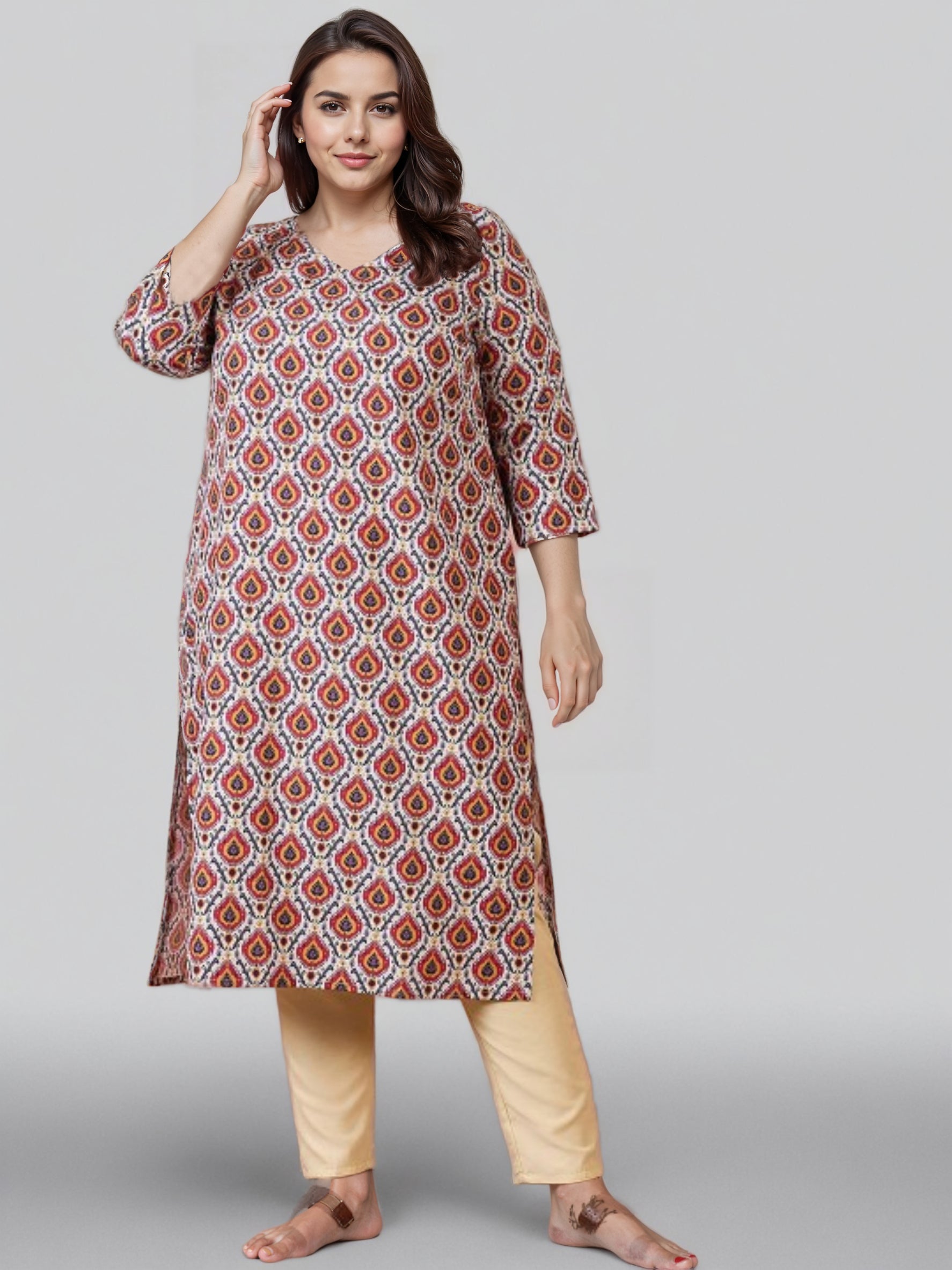 Women Ethnic Motifs Printed V-Neck Straight Kurta