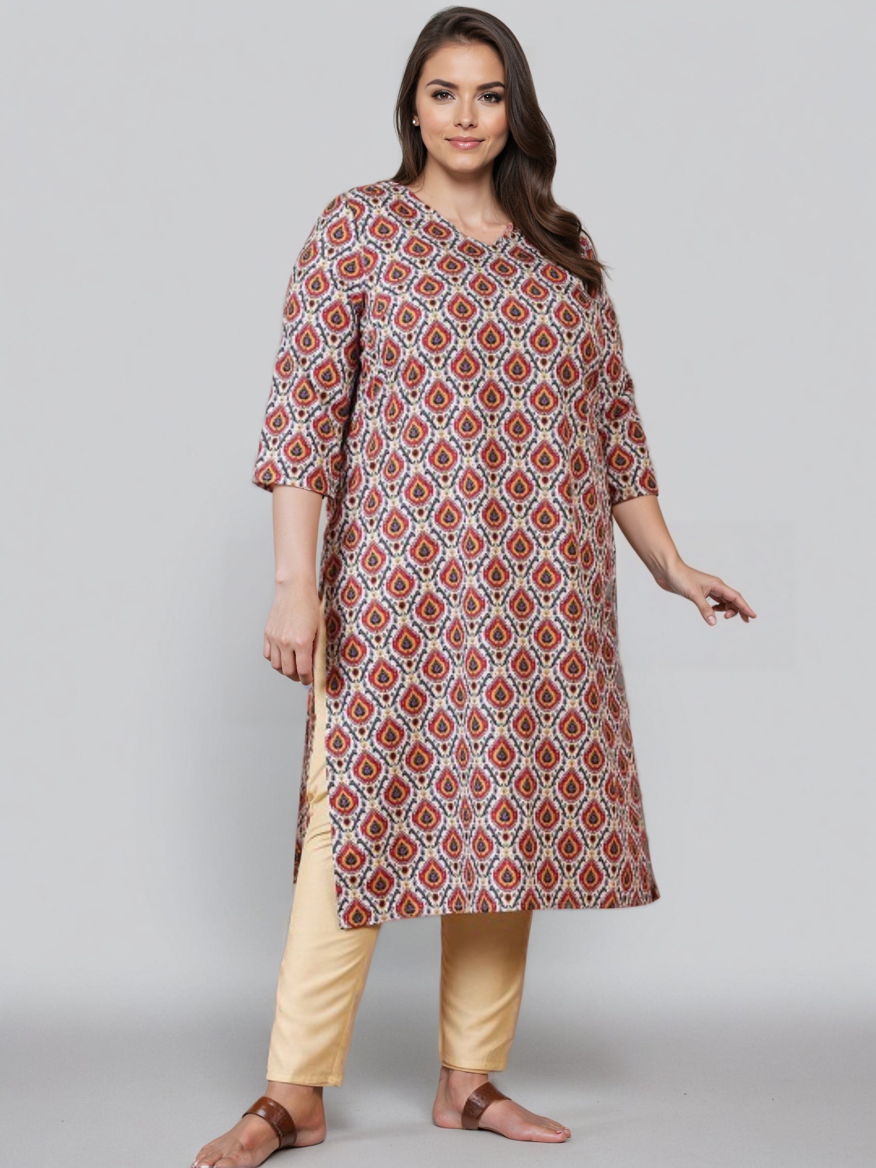 Women Ethnic Motifs Printed V-Neck Straight Kurta