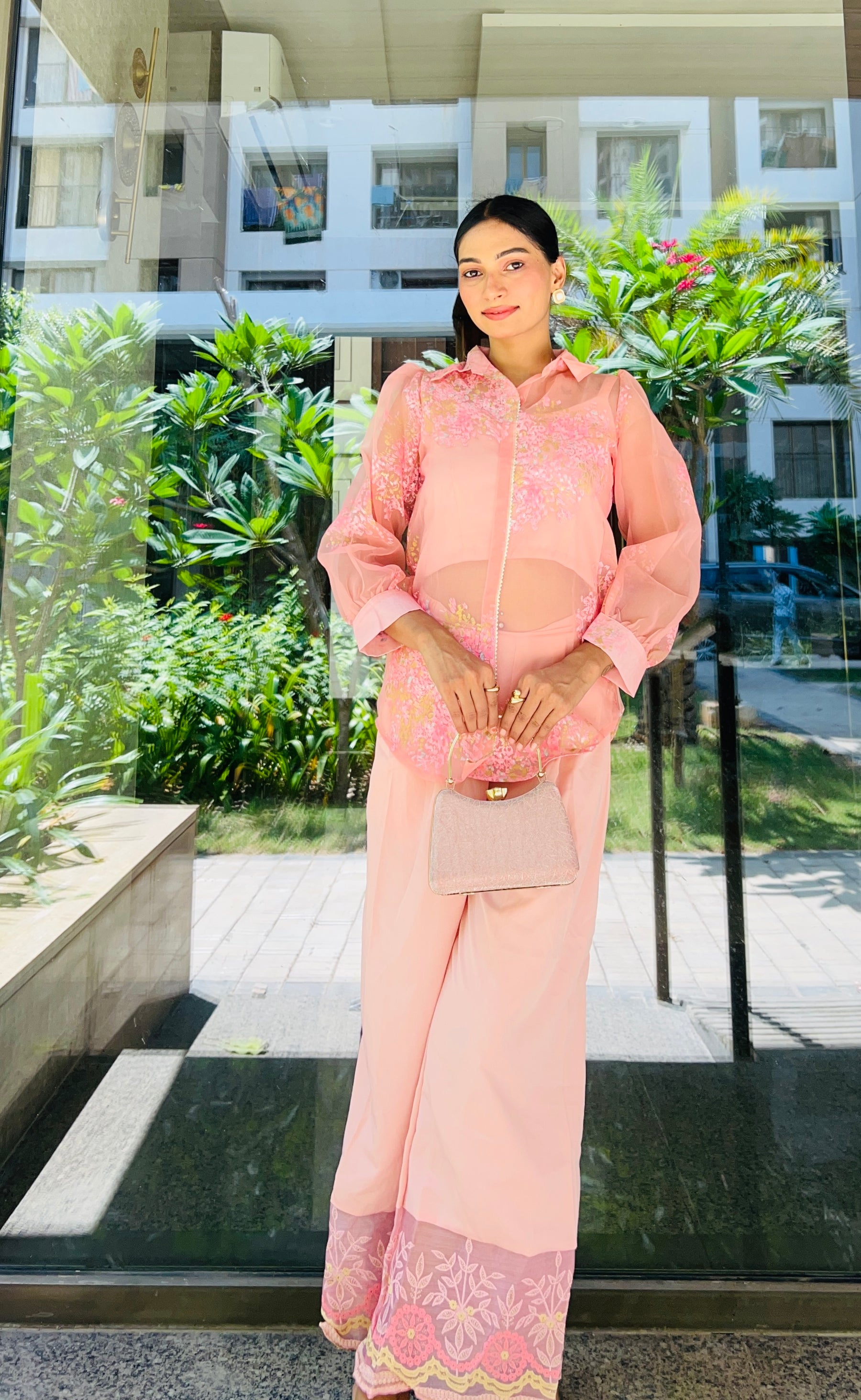 Pink Shoulder Straps Top & Palazzo With Jacket