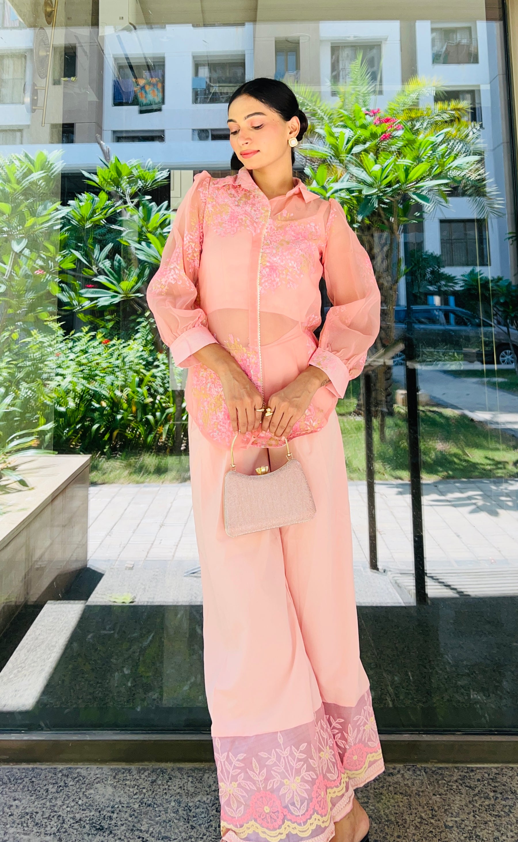 Pink Shoulder Straps Top & Palazzo With Jacket
