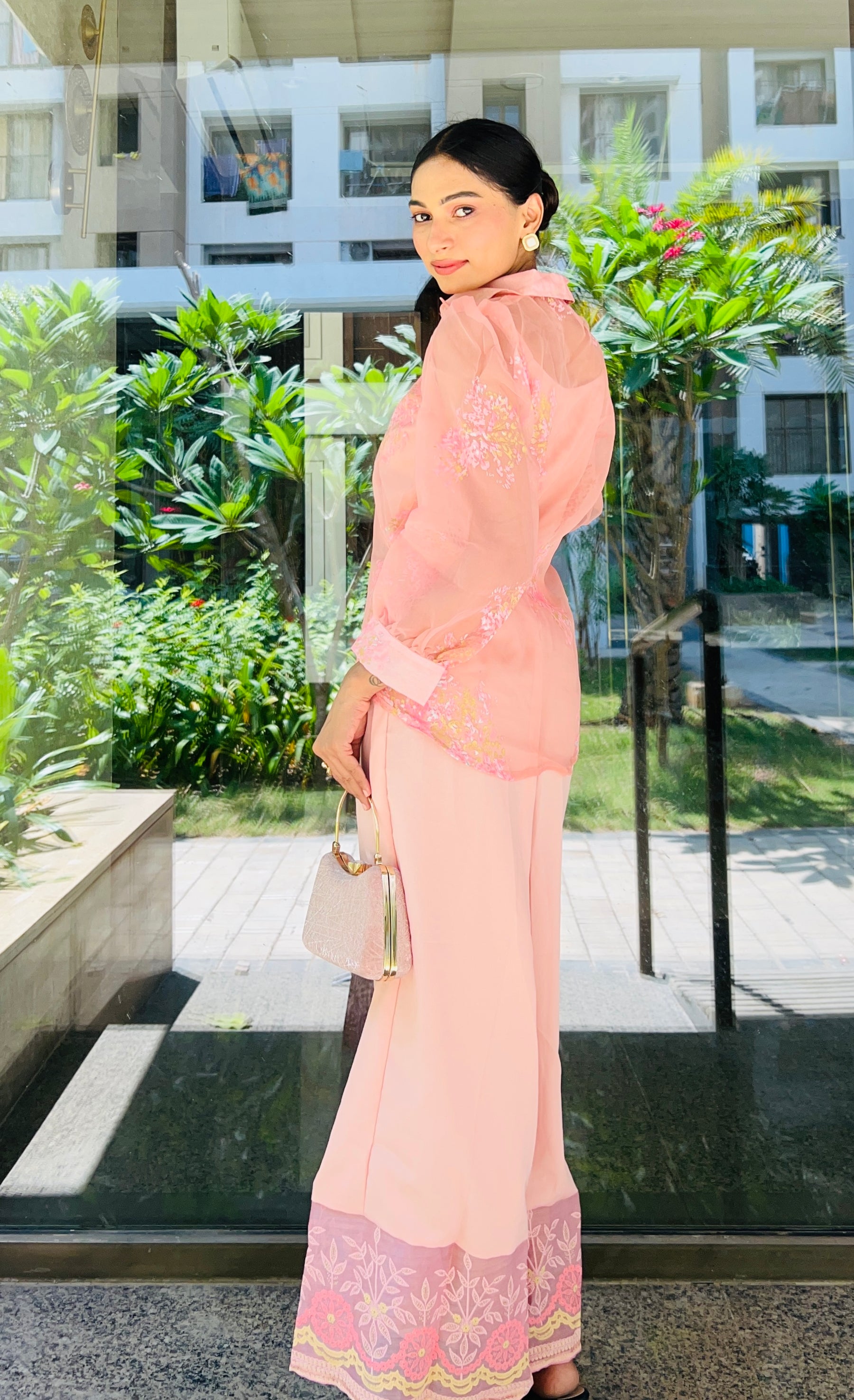 Pink Shoulder Straps Top & Palazzo With Jacket