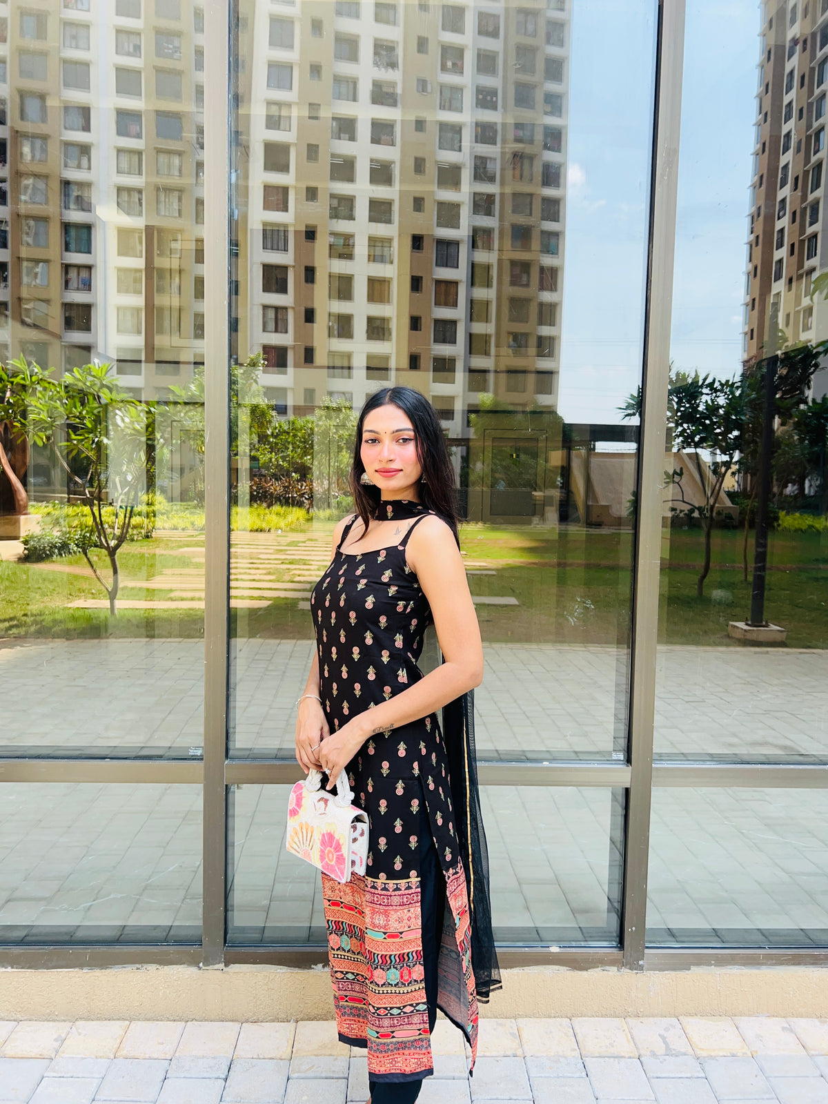 Floral Printed Gotta Patti Kurta With Trousers & Dupatta