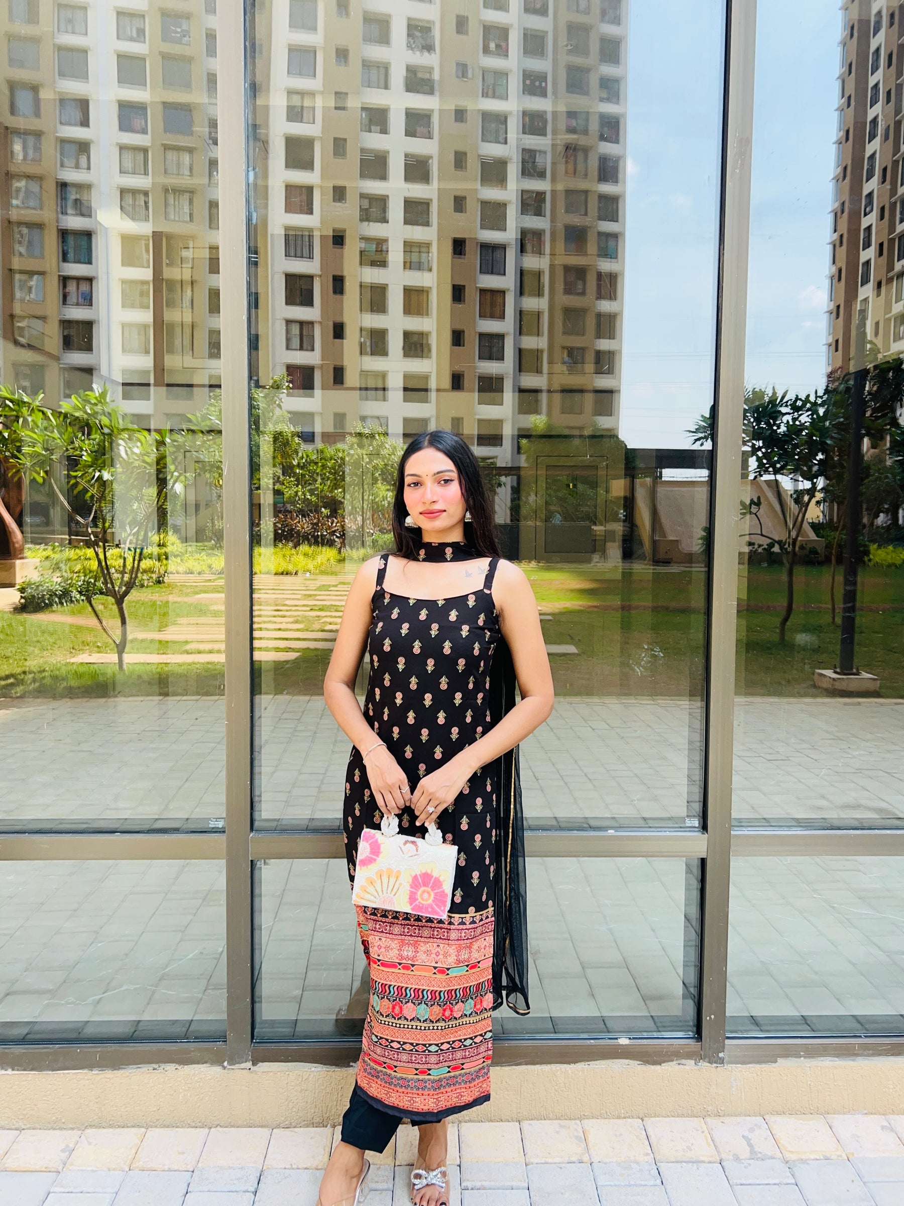 Floral Printed Gotta Patti Kurta With Trousers & Dupatta