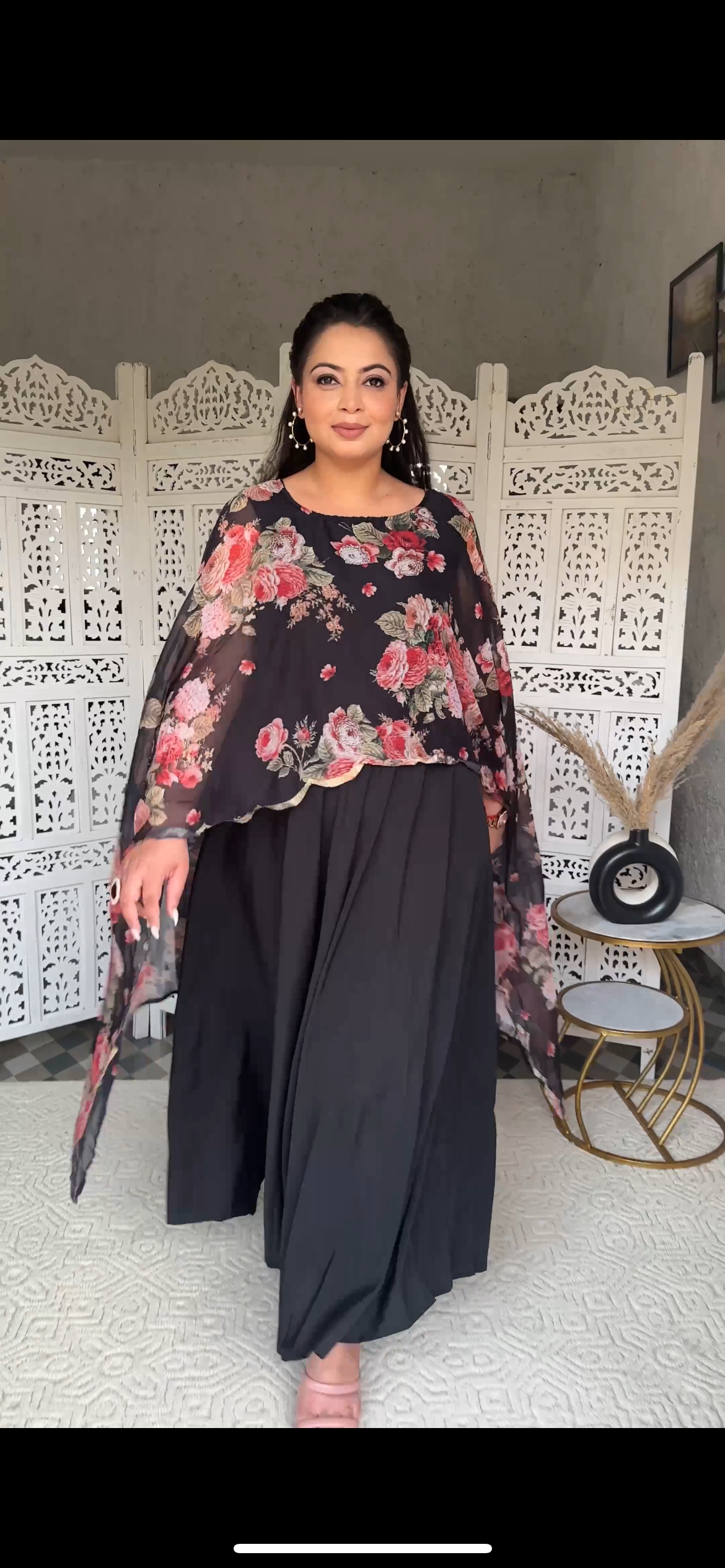 Black & Pink Plus Size Maxi Ethnic Dress with Cape