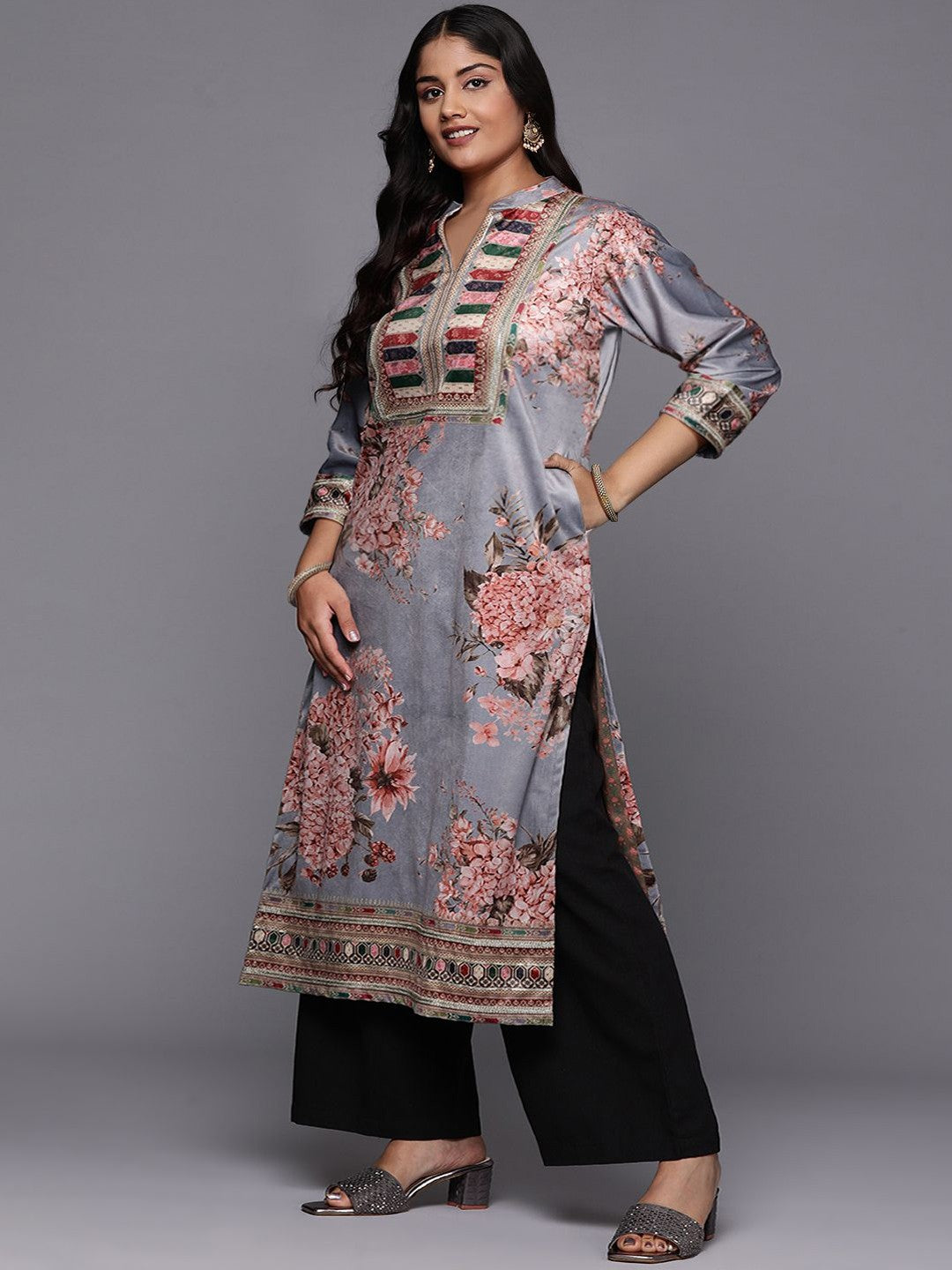 Kareena Style Floral Printed Gotta Patti Velvet Kurta for Women - Bollywood Inspired