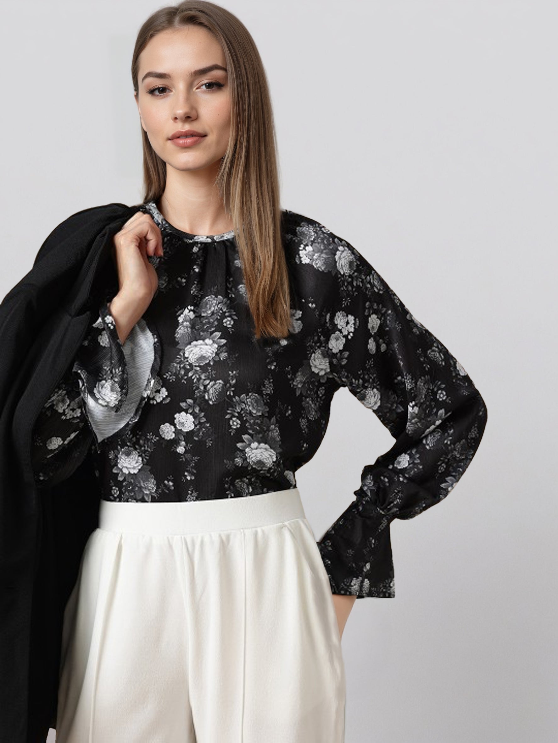 Women Floral Printed Puff Sleeve Chiffon Shirt Style Top