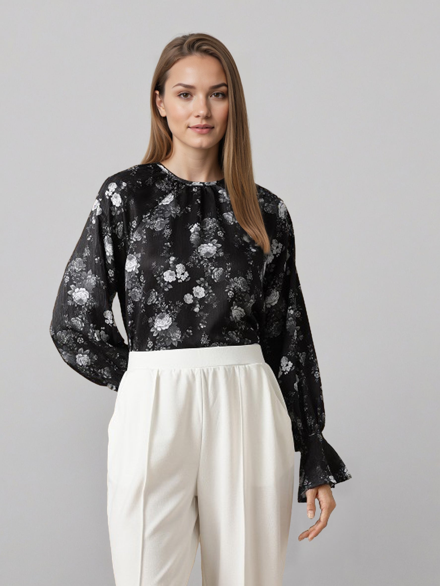 Women Floral Printed Puff Sleeve Chiffon Shirt Style Top