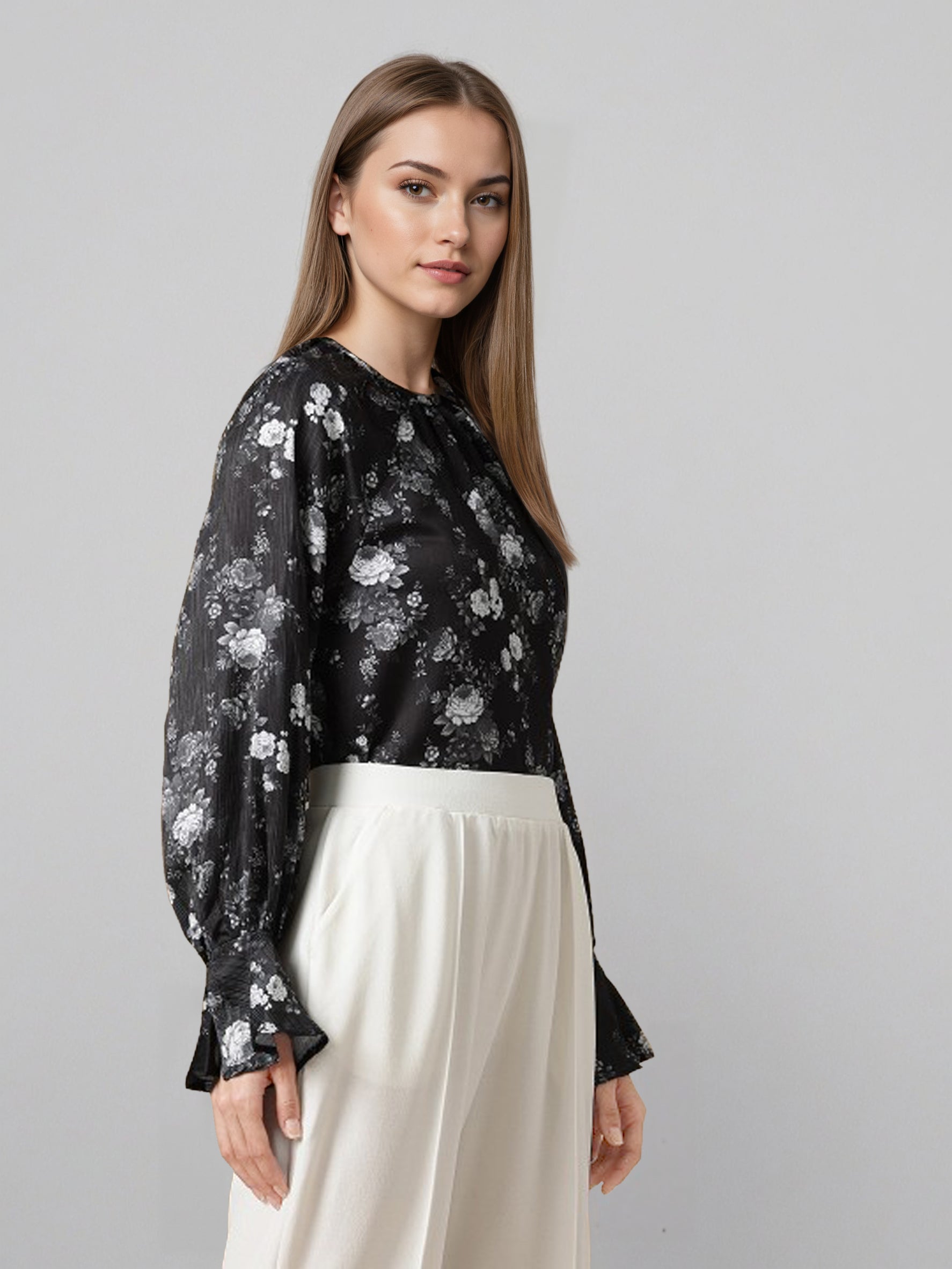 Women Floral Printed Puff Sleeve Chiffon Shirt Style Top