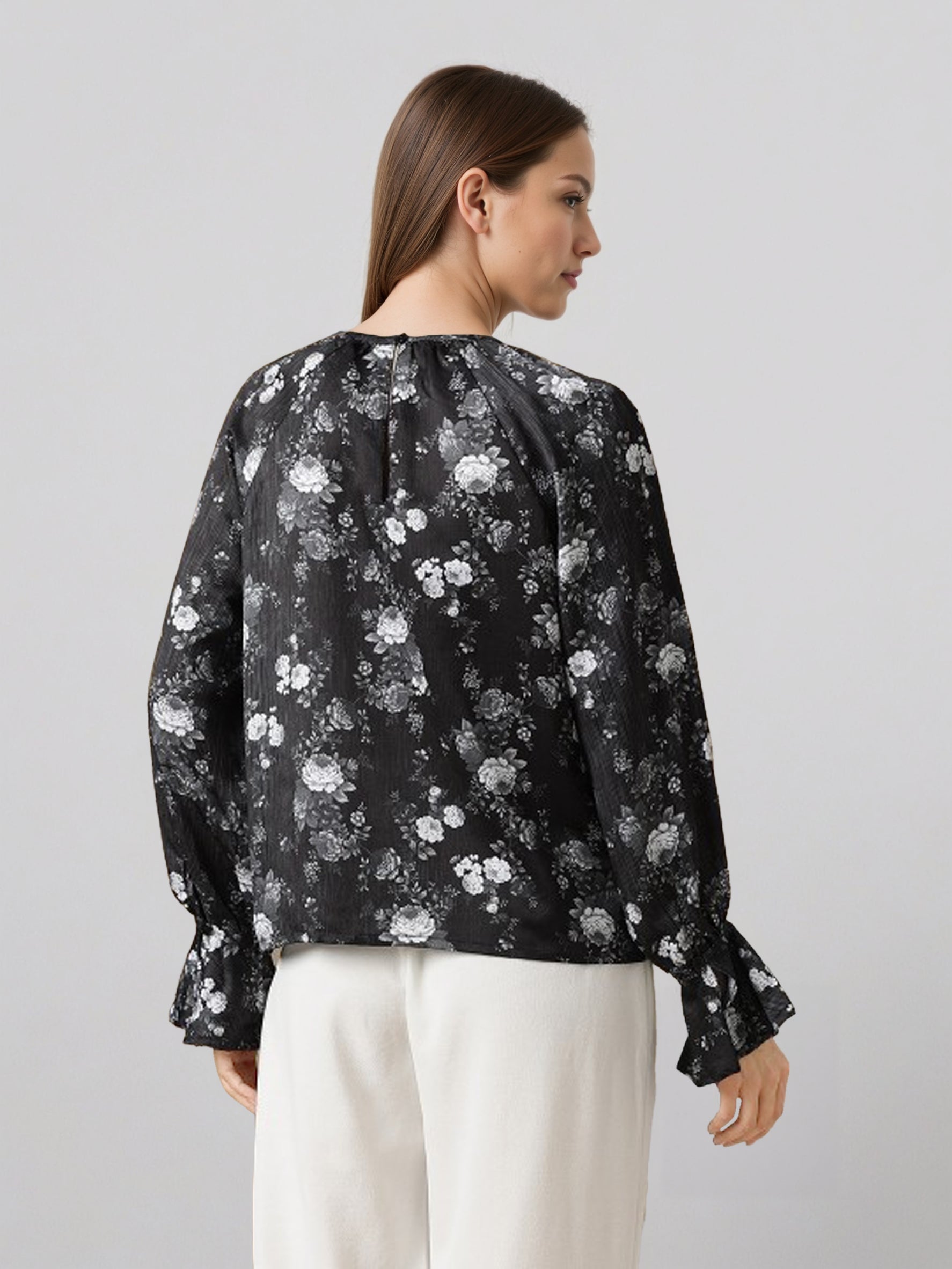 Women Floral Printed Puff Sleeve Chiffon Shirt Style Top