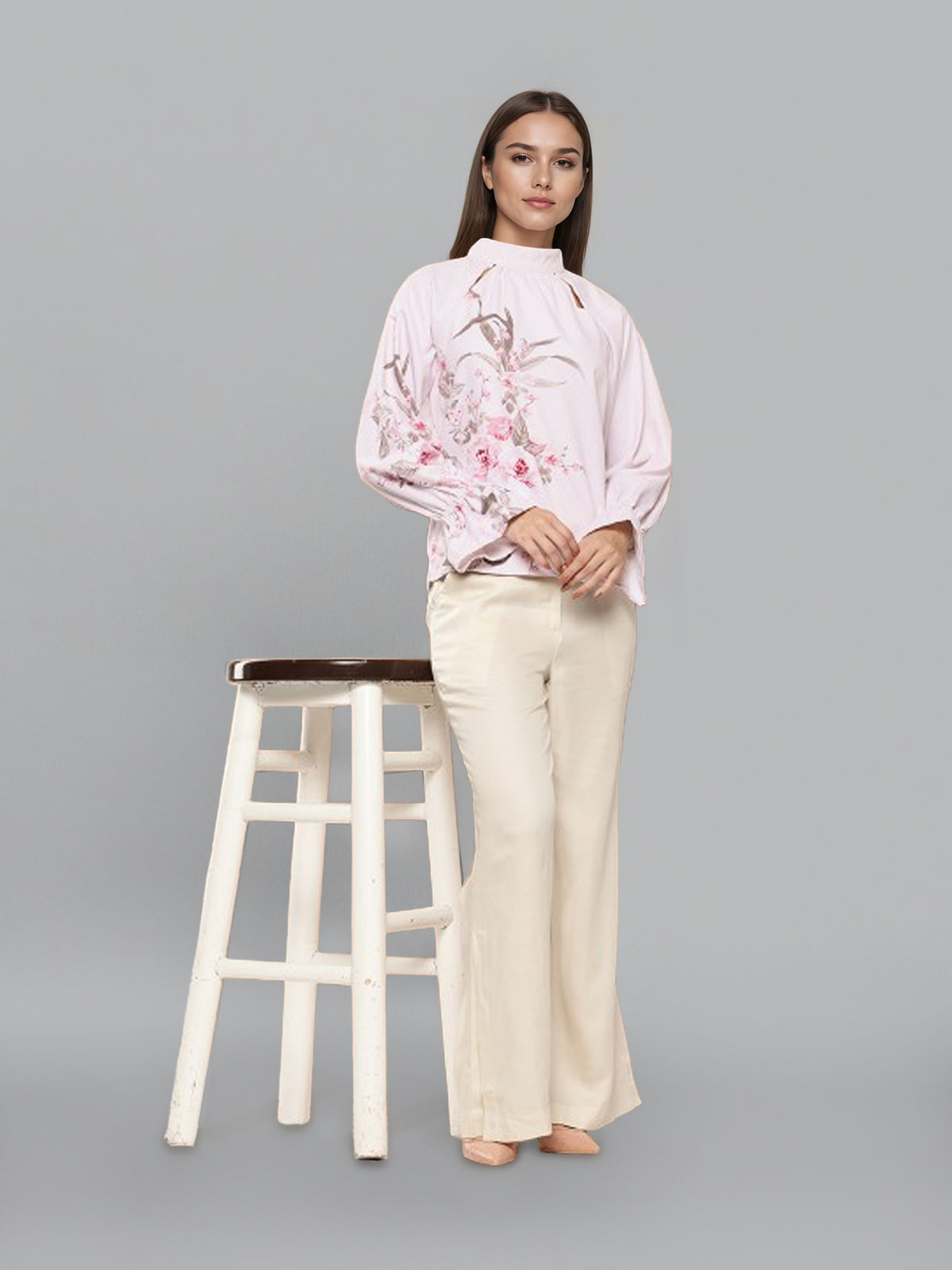 Women Floral Print Puff Sleeve Shirt Style Top