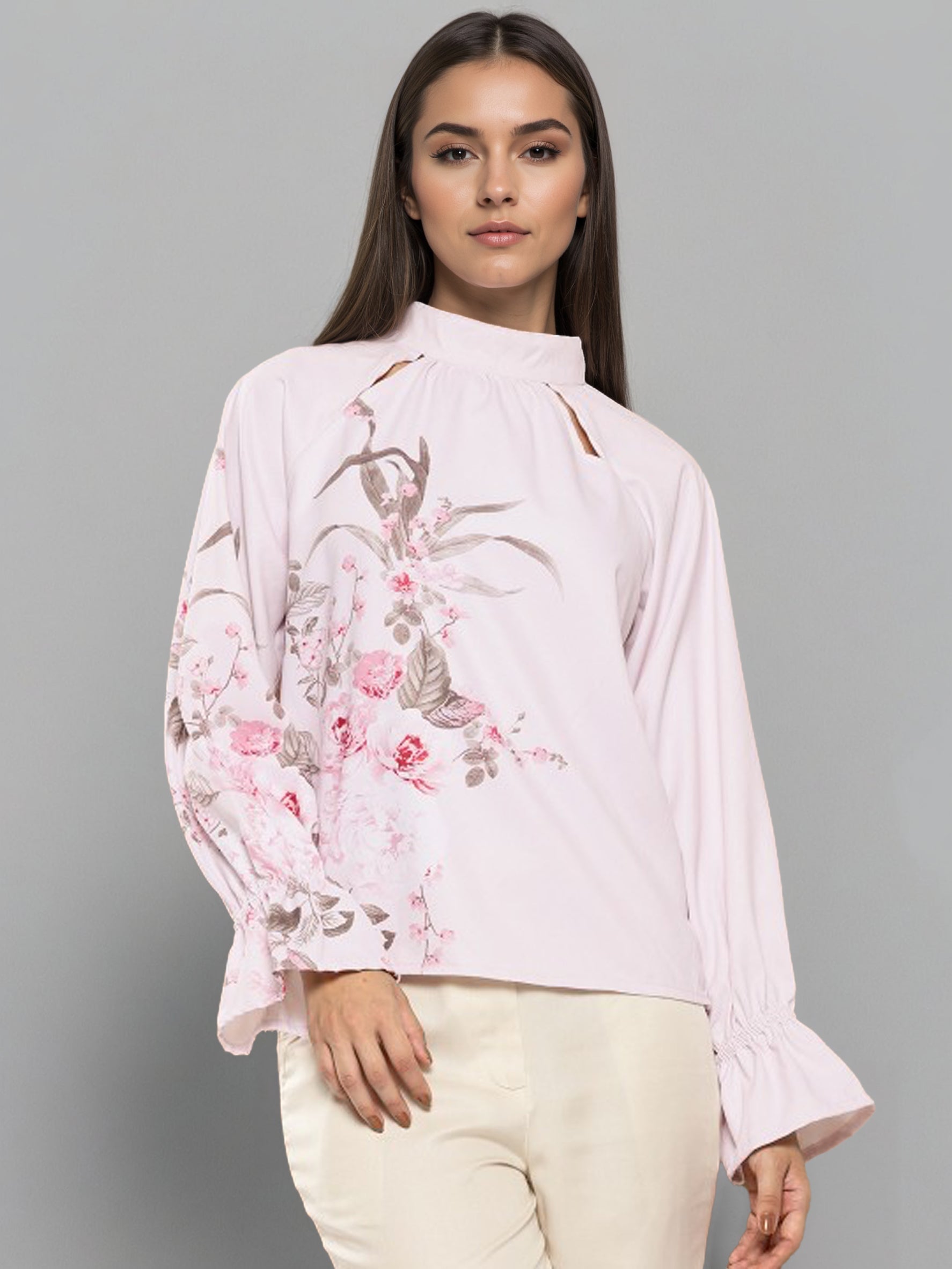 Women Floral Print Puff Sleeve Shirt Style Top