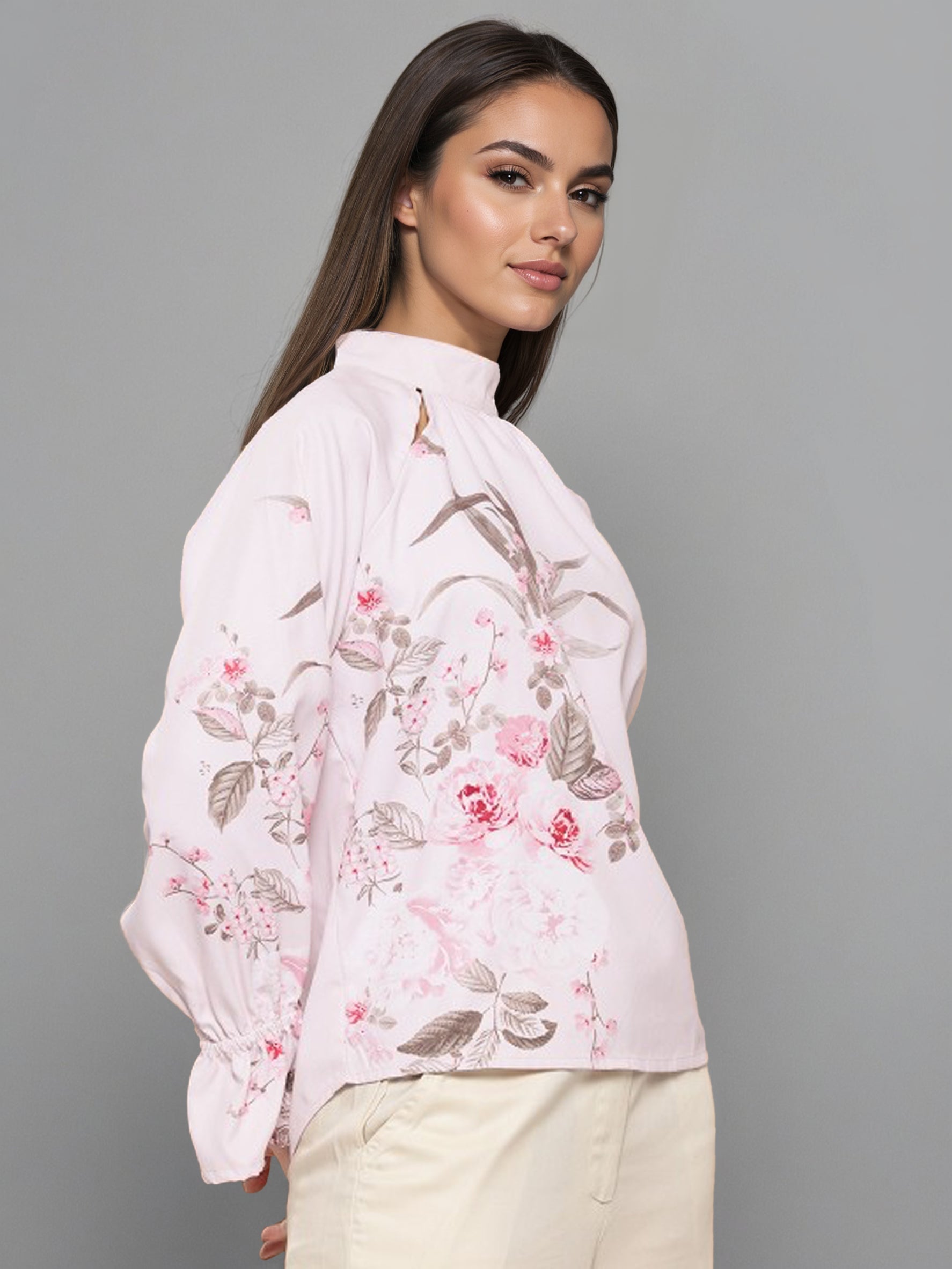 Women Floral Print Puff Sleeve Shirt Style Top