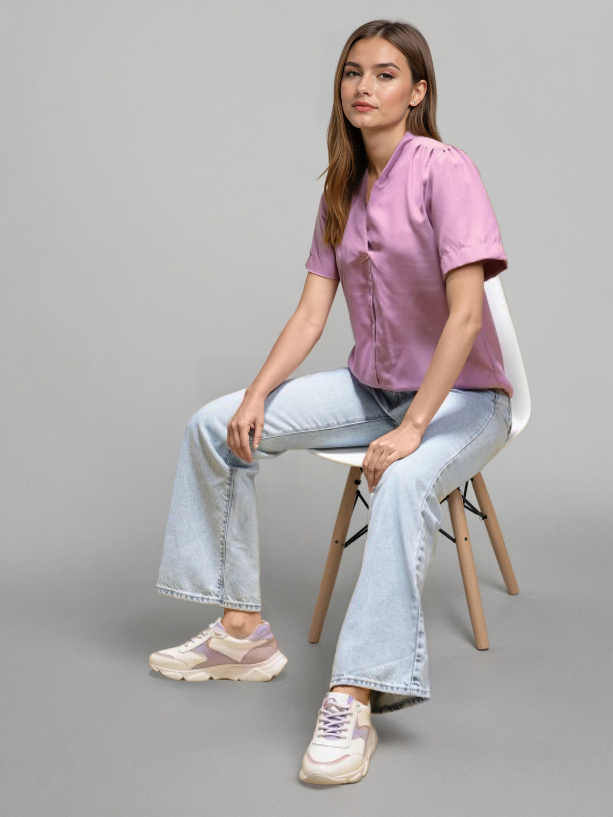 V-Neck Sheen Fusion Shirt Style Top