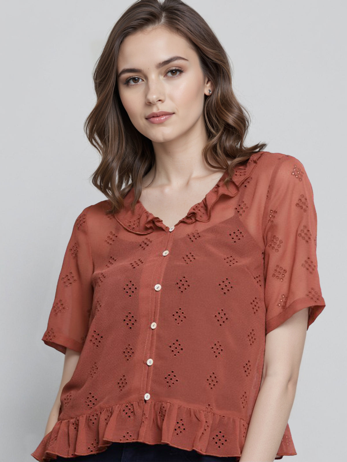 Women Geometric Self Design Shirt Collar Shirt Style Top