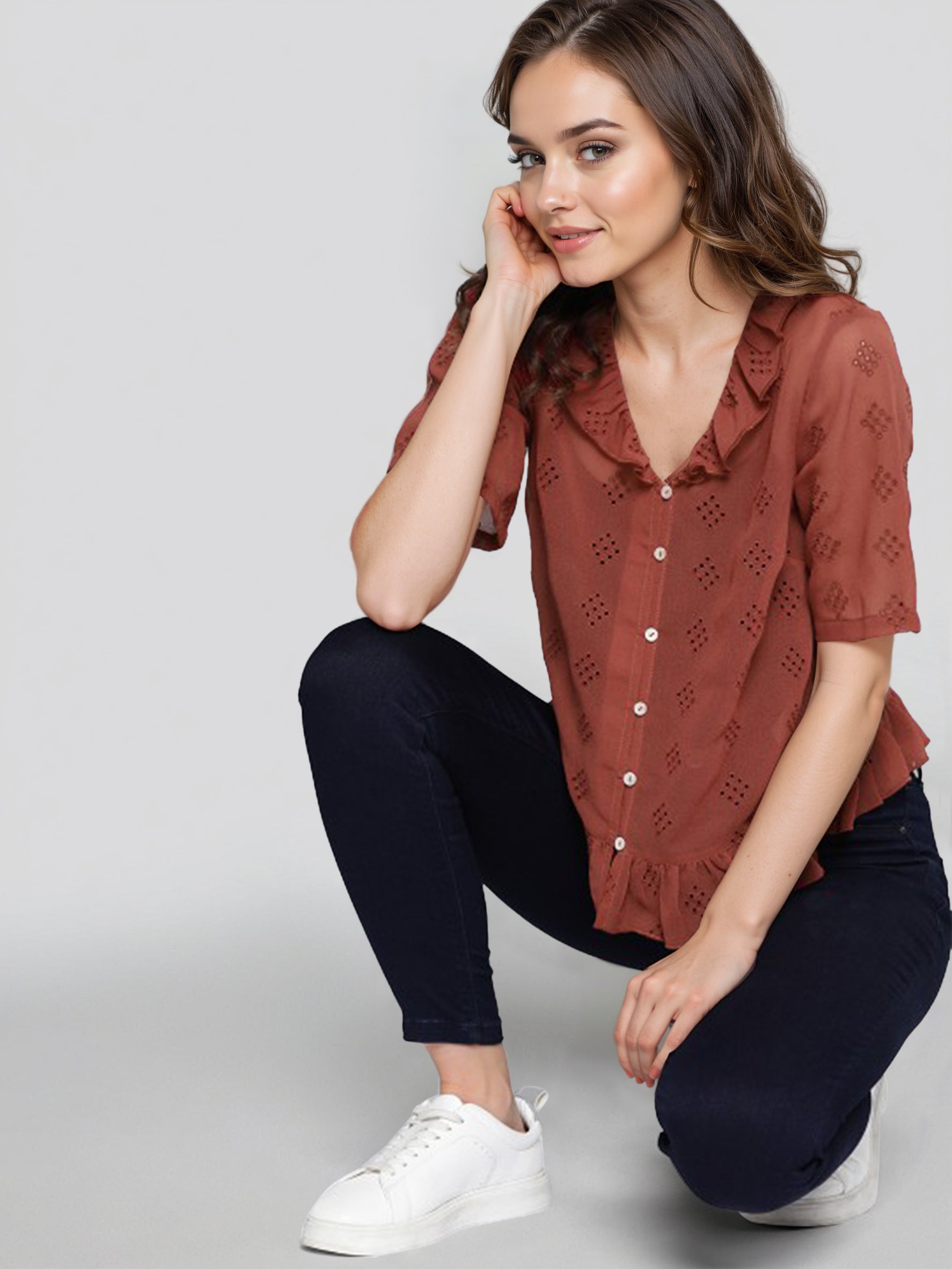 Women Geometric Self Design Shirt Collar Shirt Style Top
