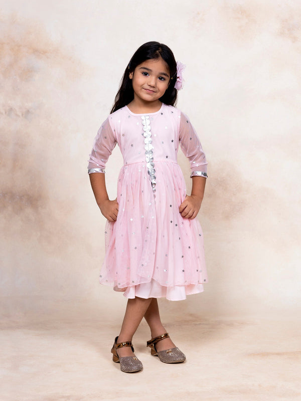 Pink Net Layered Front Slit Girl's Dress