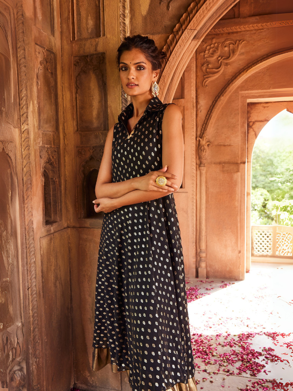 Black Georgette Golden Printed Midi Fit Flare Ethnic Dress