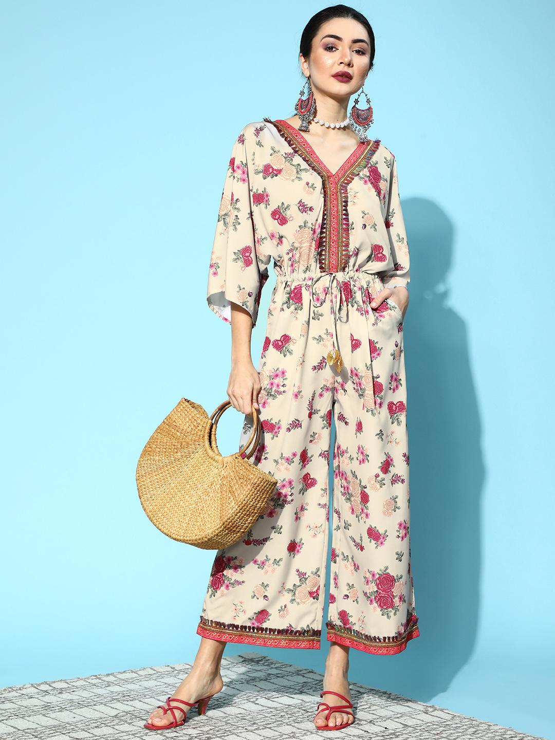 Ahalyaa Women Classy Beige Printed Cinched Waist Jumpsuit
