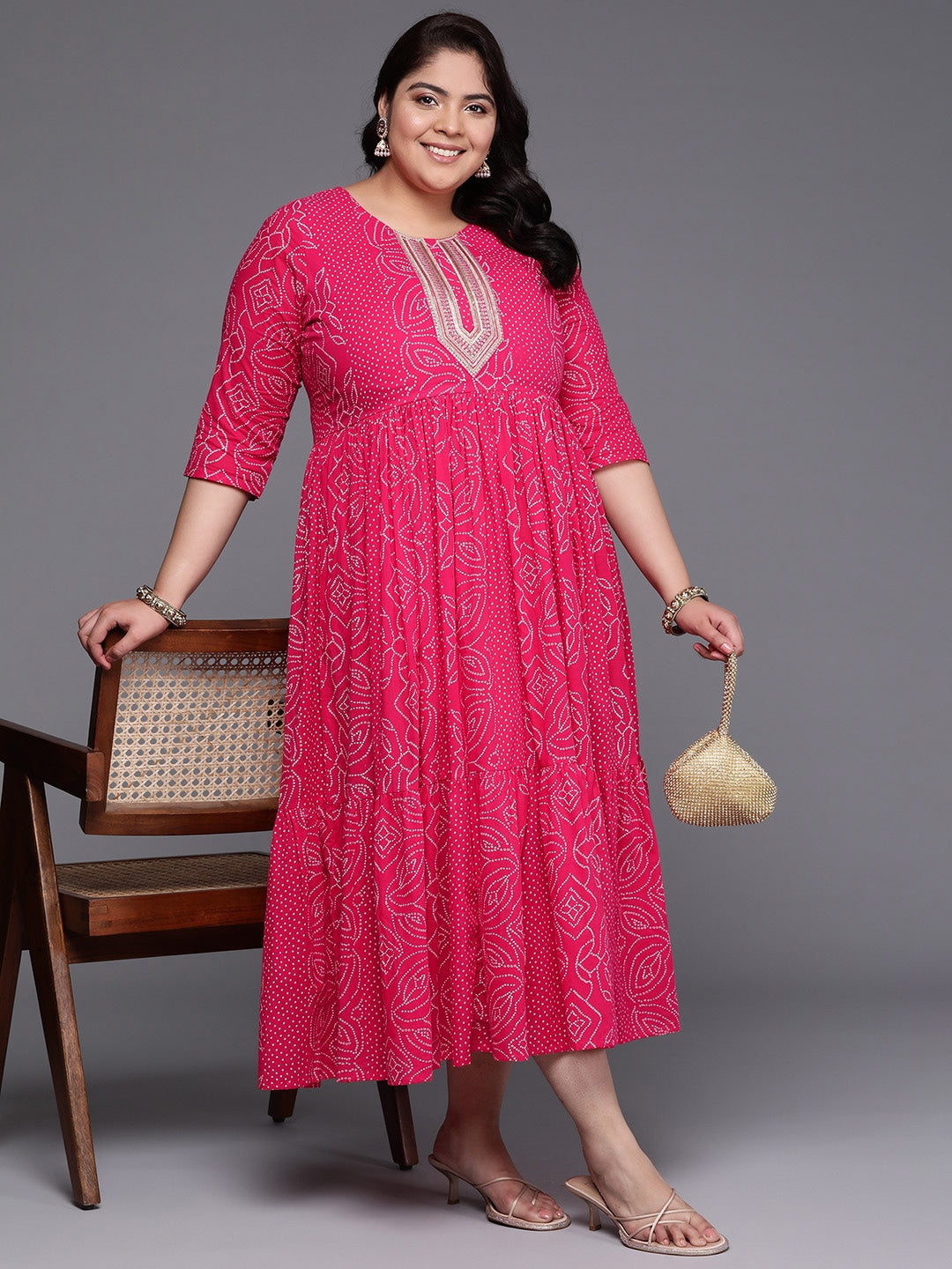 Plus Size Printed Fit & Flare Midi Ethnic Dress Plus Size Printed Fit & Flare Midi Ethnic Dress